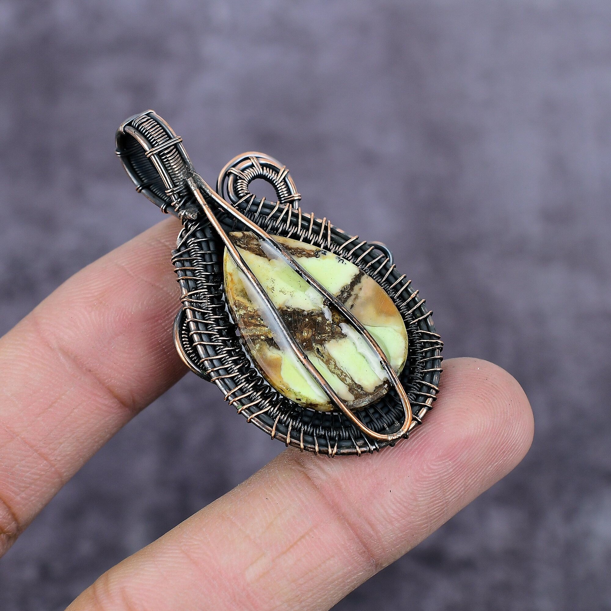 Lemon Chrysoprase Pendant, Copper Wire Wrapped Pendant, Bohemian Pendant, Handmade Copper Pendant, Wire Wrap Gemstone Jewelry, Gift For Her