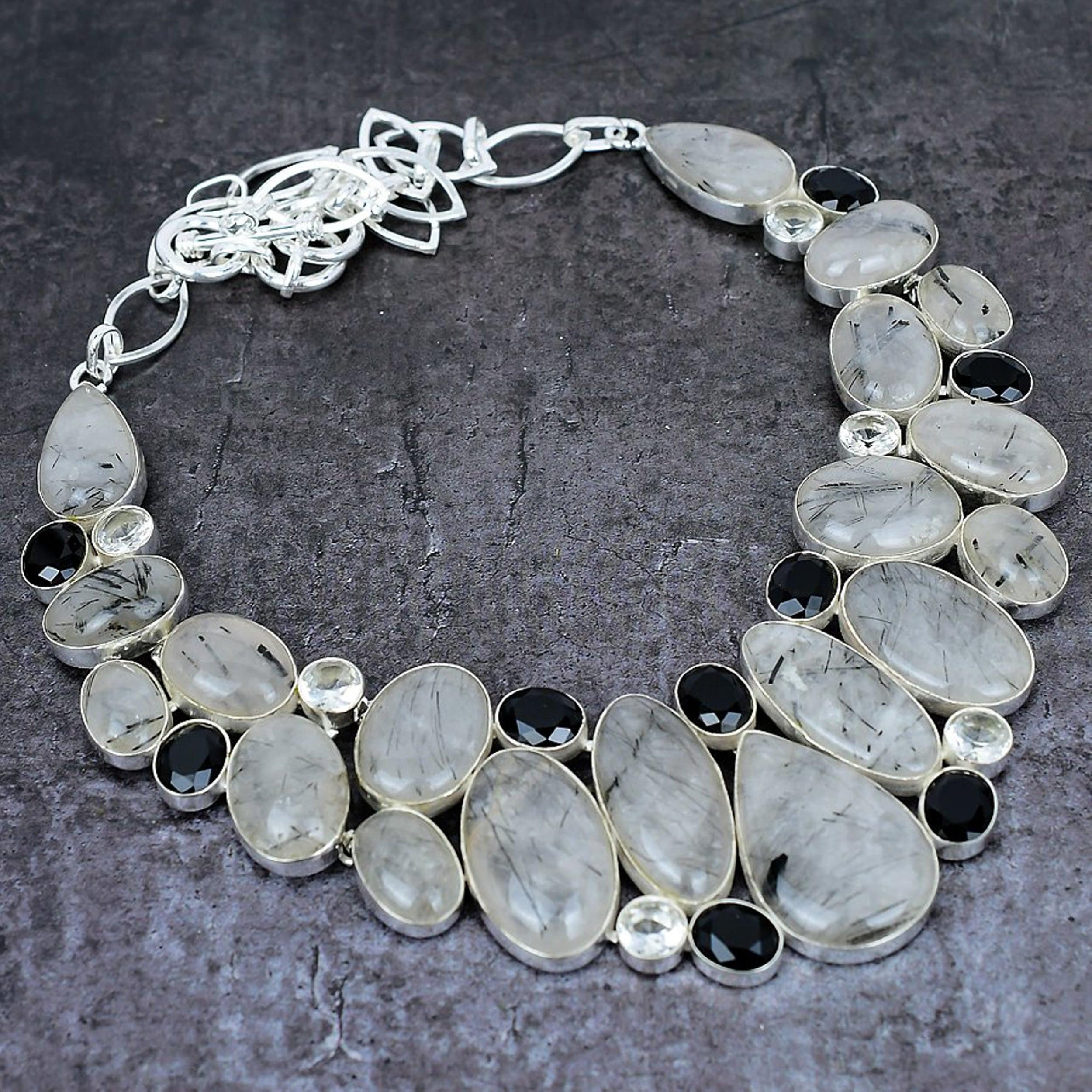 Black Rutile Quartz White Topaz Black Onyx Gemstone Silver Plated Necklace, Handmade Necklace, Unique Jewelry, Chunky Necklace, Gift For Her