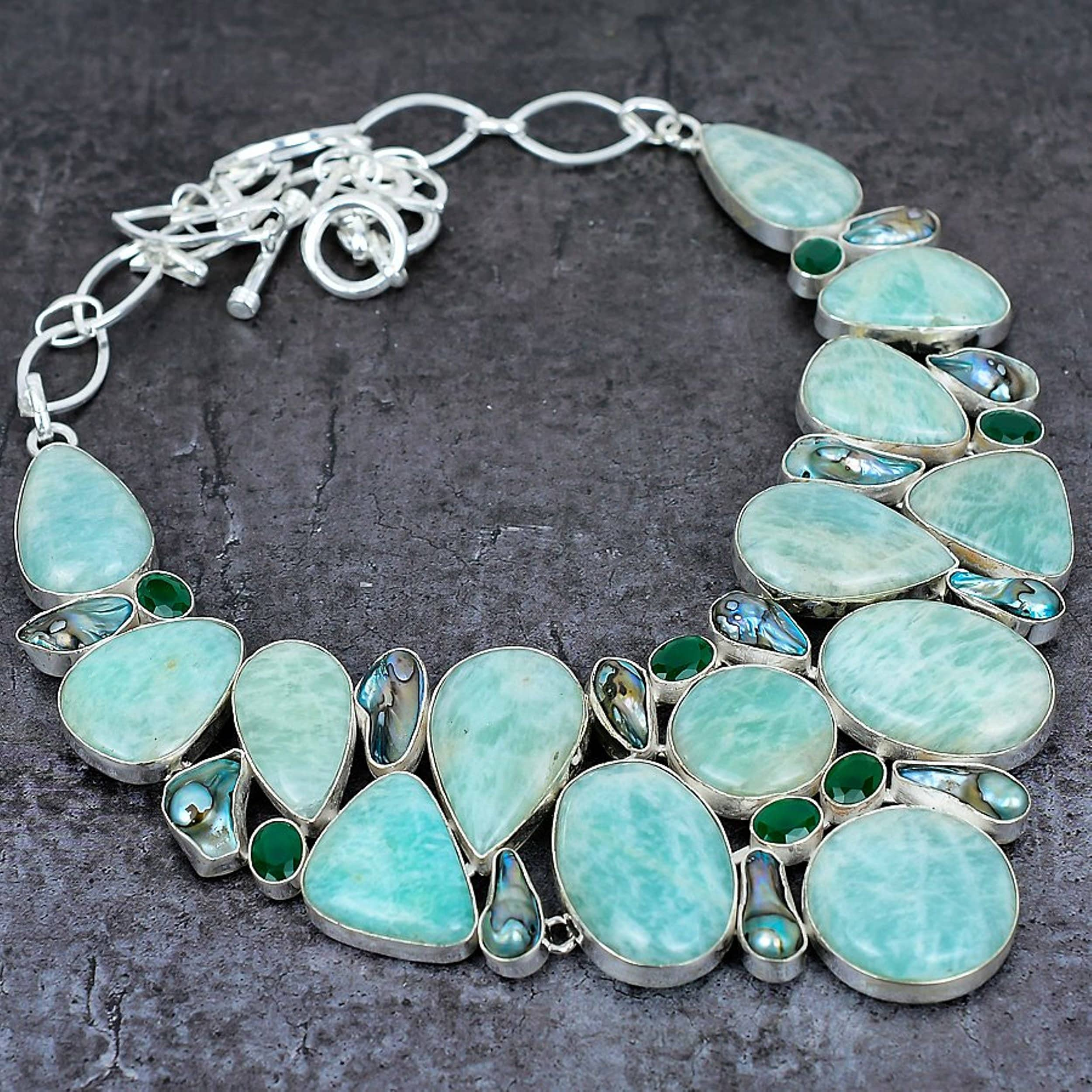 Amazonite Biwa Pearl Green Onyx Silver Plated Necklace, Statement Necklace, Handmade Necklace, Unique Jewelry, Chunky Necklace, Gift For Her