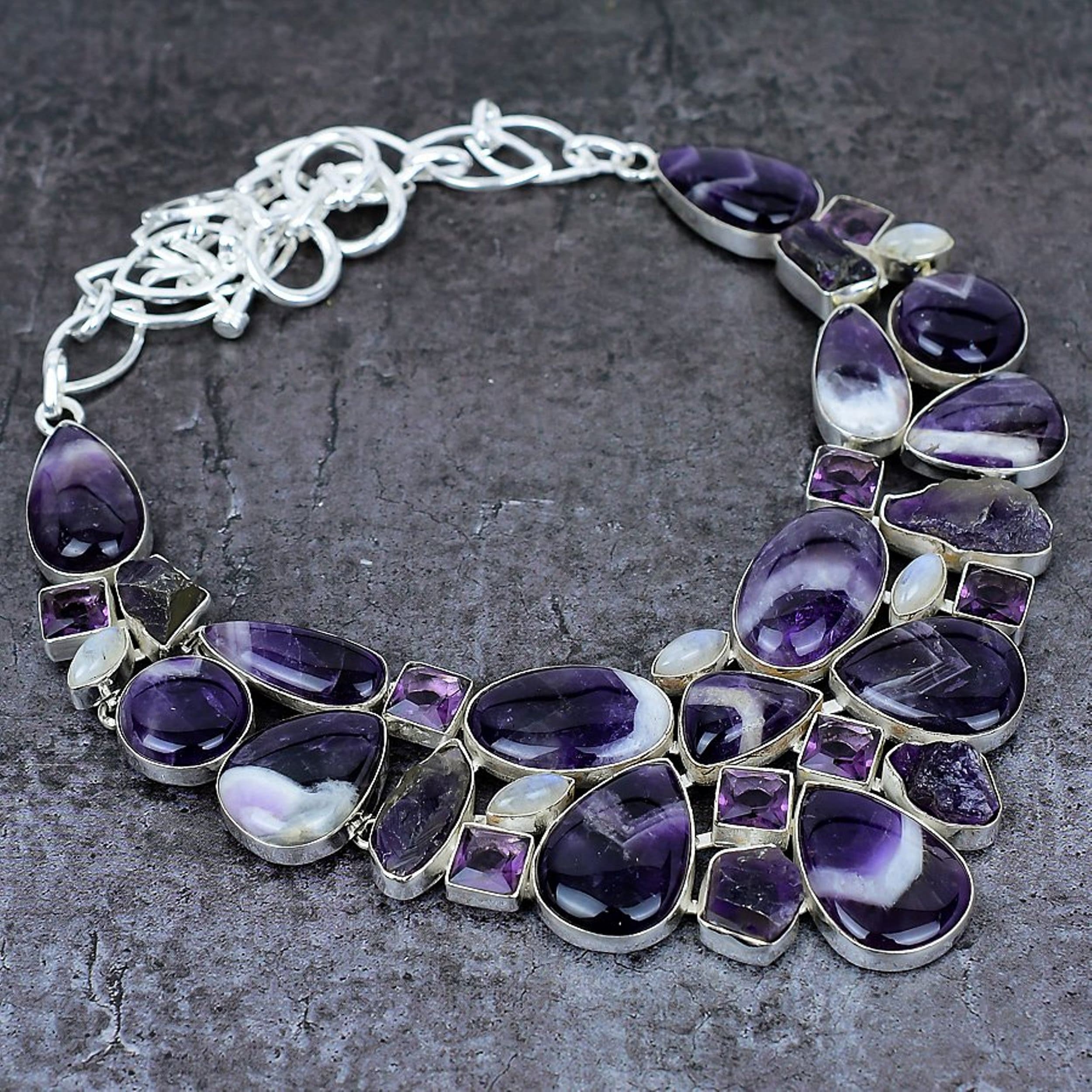 Amethyst Lace Agate Raw Amethyst Moonstone Silver Plated Necklace, Unique Designer Jewelry, Chunky Necklace, Bib Necklace, Anniversary Gift