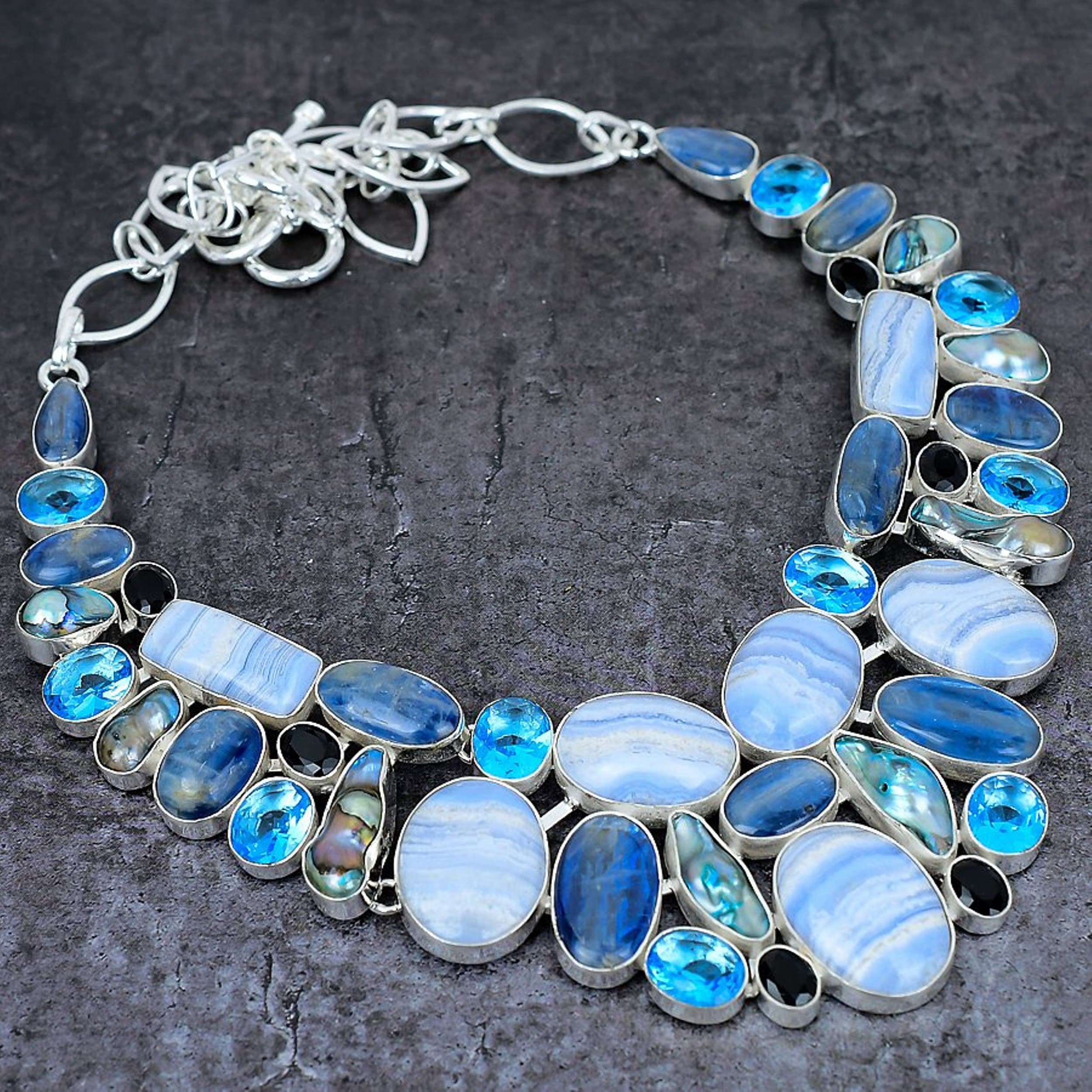 Blue Lace Agate Kyanite Biwa Pearl Blue Topaz Black Onyx Silver Plated Necklace, Statement Necklace, Designer Necklace, Chunky Necklace