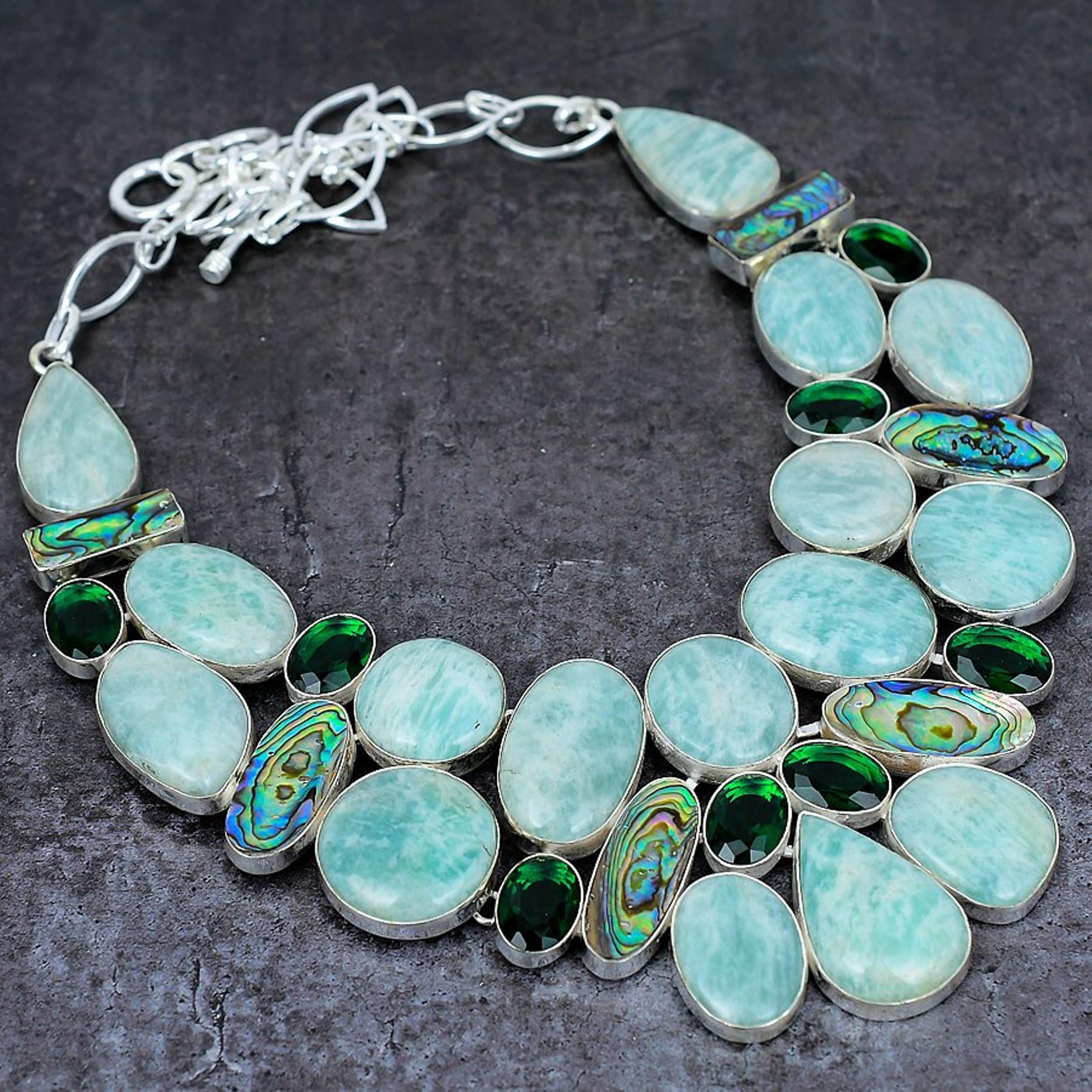 Amazonite Abalone Shell Diopside Silver Plated Necklace, Statement Necklace, Unique Designer Jewelry, Handmade Chunky Necklace, Gift For Her