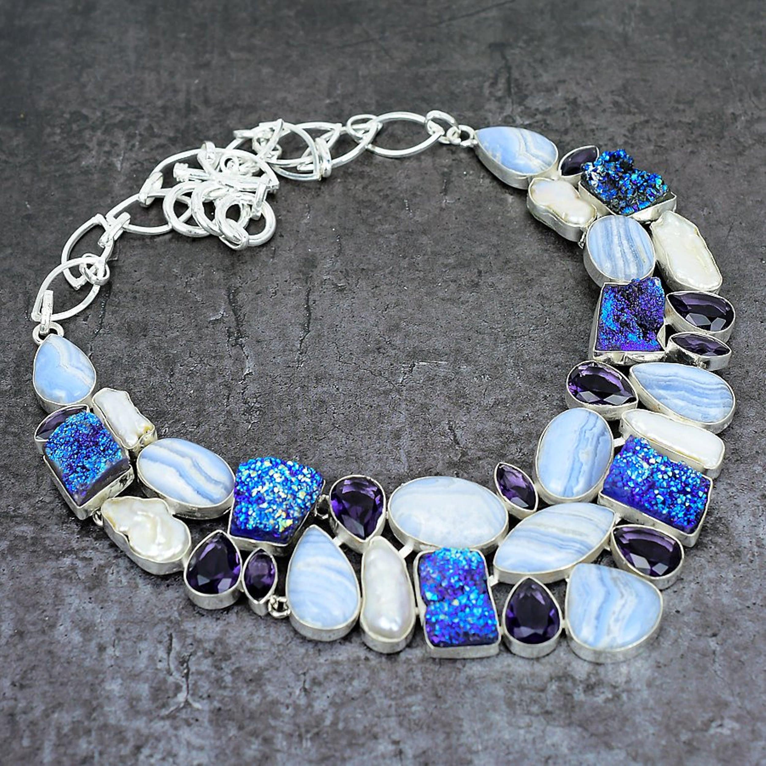 Blue Lace Agate Titanium Druzy Biwa Pearl Amethyst Silver Plated Necklace, Unique Designer Jewelry, Chunky Necklace, Statement Necklace