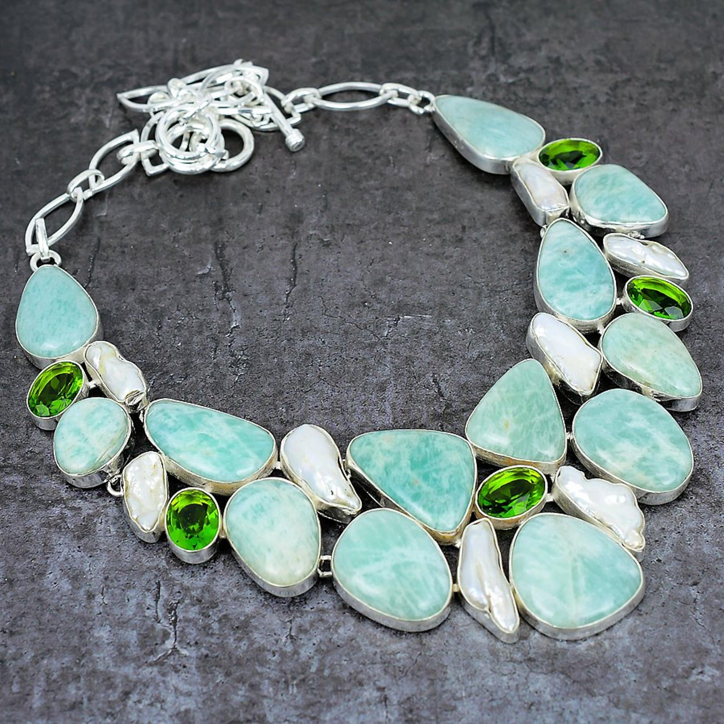 Amazonite Biwa Pearl Peridot Silver Plated Necklace, Statement Necklace, Boho Necklace, Unique Jewelry, Chunky Necklace, Wedding Jewelry