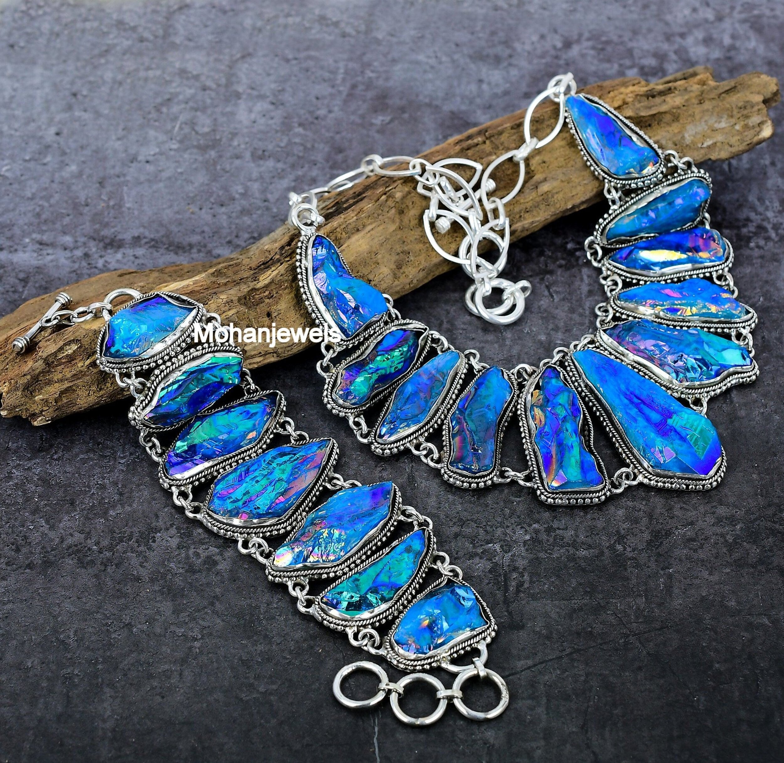 Raw Blue Titanium Druzy Silver Plated Necklace Bracelet Jewelry Set, Unique Designer Jewelry, Rough Gemstone, Boho Necklace, Wedding Jewelry