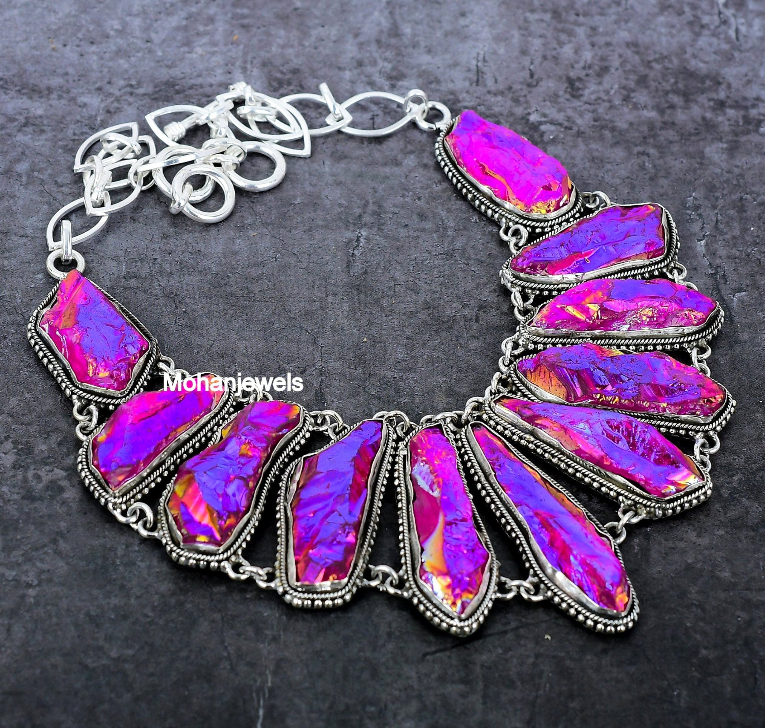 Raw Purple Titanium Druzy Silver Plated Necklace Bracelet Jewelry Set, Unique Designer Jewelry, Rough Stone Necklace, Wedding Jewelry