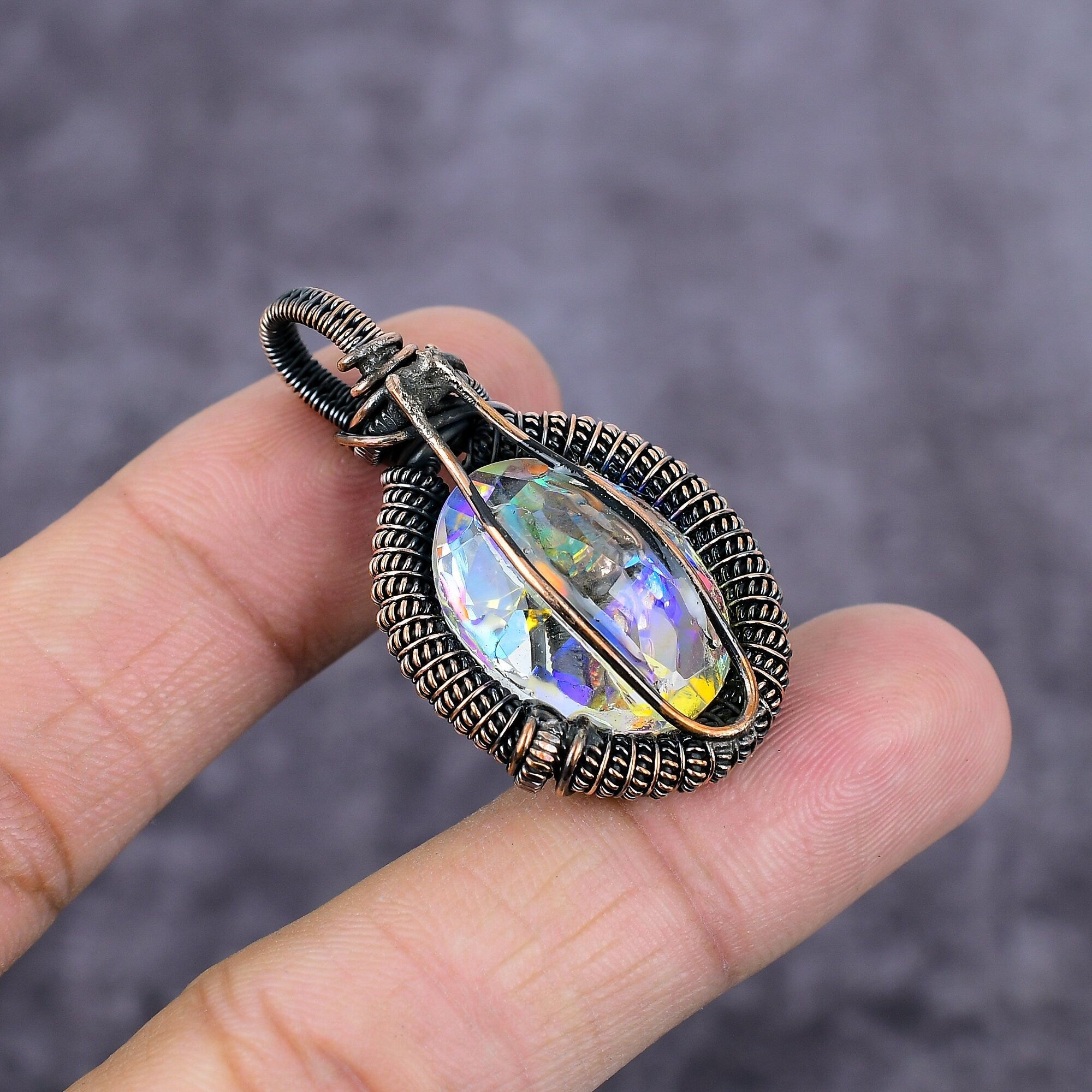 Aurora Mystic Topaz Copper Wire Wrapped Pendant, Wire Wrap Gemstone Jewelry, Handmade Copper Pendant, Angel Aura Topaz Pendant, Boho Jewelry