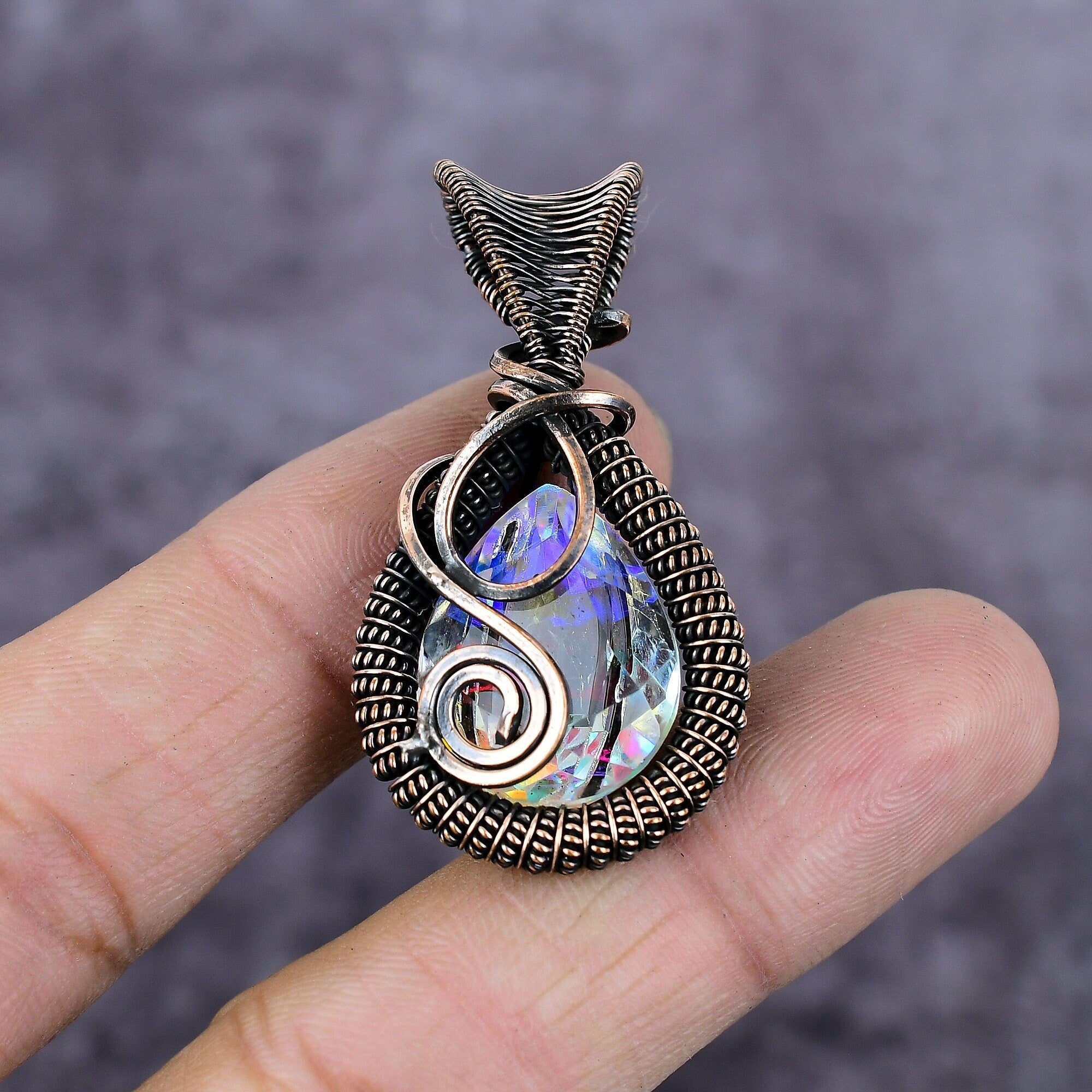 Rainbow Mystic Topaz Pendant, Copper Wire Wrapped Pendant, Aurora Mystic Topaz Gemstone Jewelry, Copper Pendant, Angel Aura Topaz Pendant