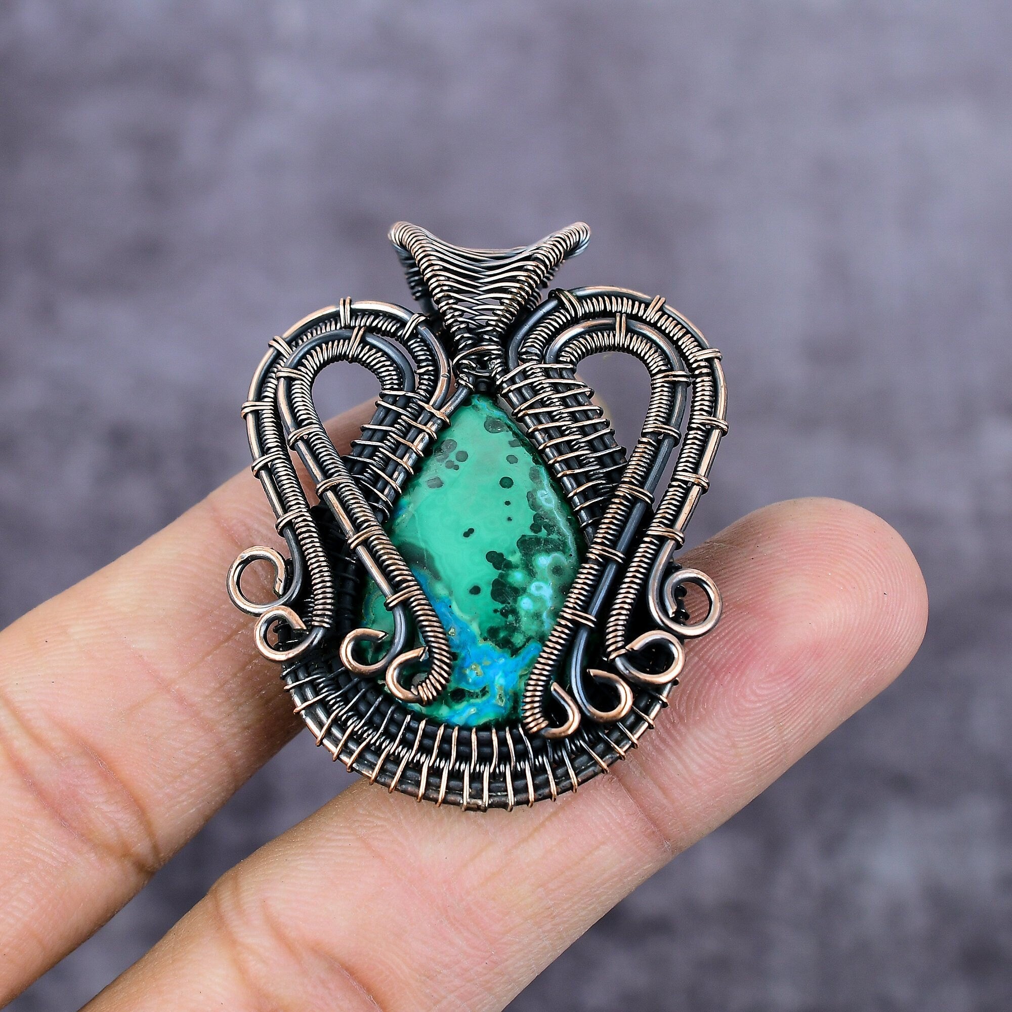 Azurite Malachite Copper Wire Wrapped Pendant, Bohemian Pendant, Handmade Gemstone Jewelry, Copper Pendant, Malachite Jewelry, Gift For Her