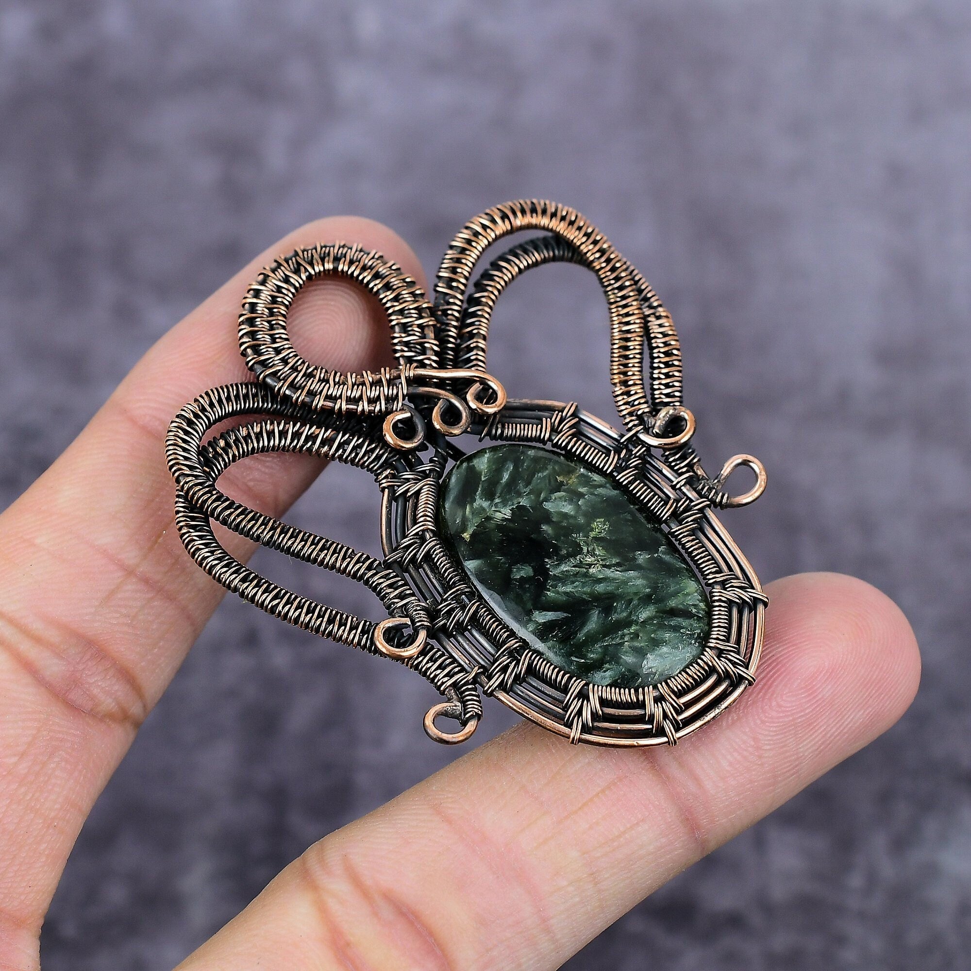 Seraphinite Copper Wrap Pendant, Wire Wrap Handmade Jewelry, Copper Pendant, Boho Pendant, Seraphinite Wire Wrapped Jewelry, Gift For Her