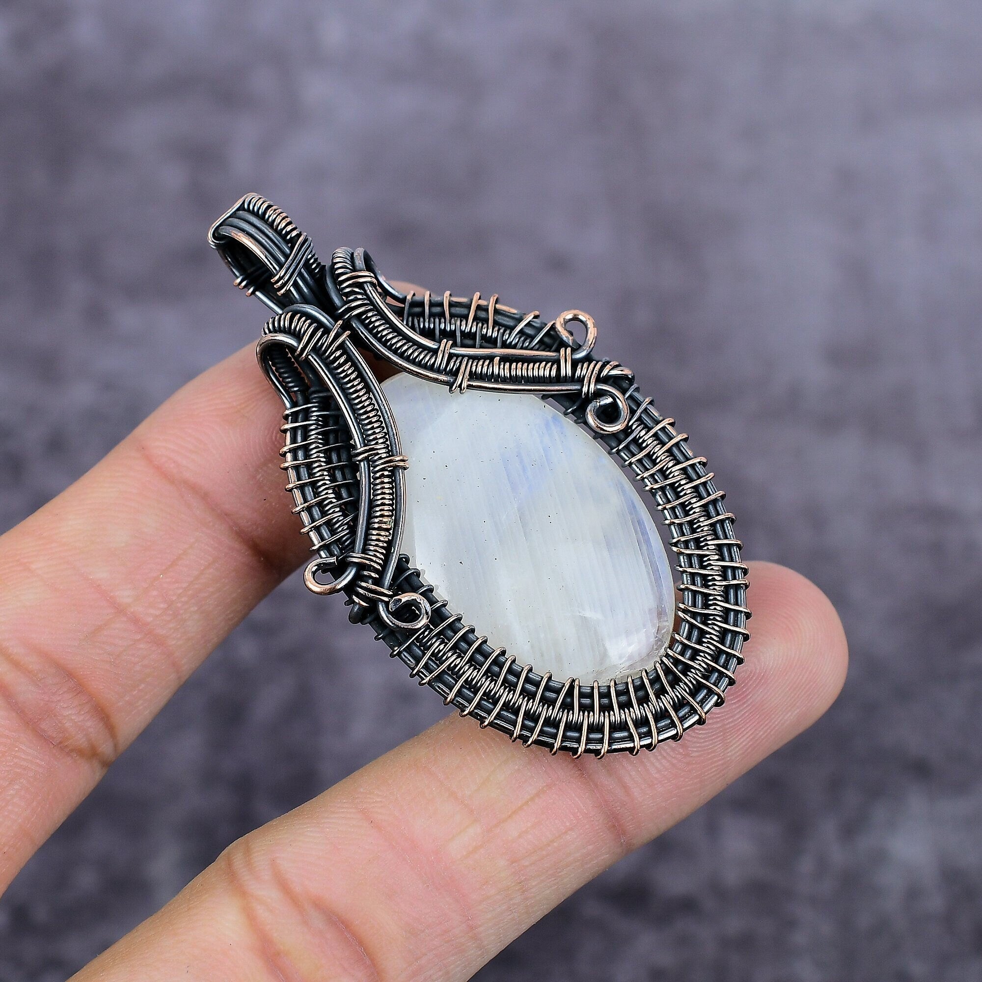 Rainbow Moonstone Pendant, Copper Wire Wrapped Pendant, Handmade Pendant, Wire Wrapped Gemstone Jewelry, Unique Boho Jewelry, Gift For Her