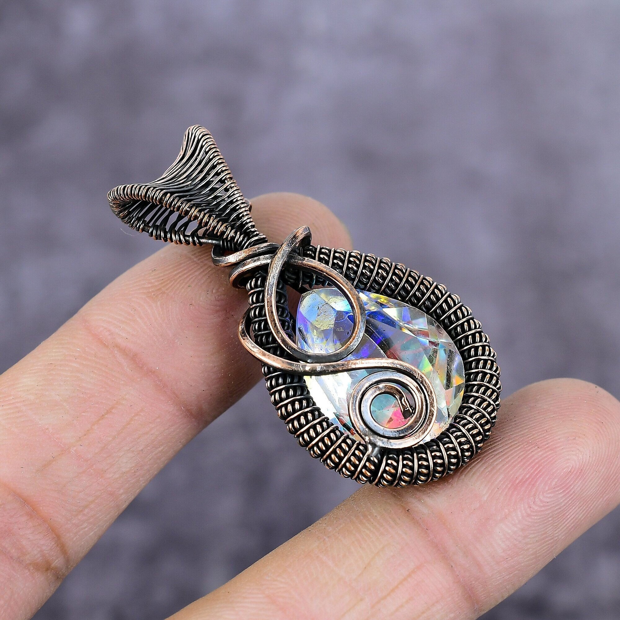 Rainbow Mystic Topaz Pendant, Copper Wire Wrapped Pendant, Aurora Mystic Topaz Gemstone Jewelry, Copper Pendant, Angel Aura Topaz Pendant