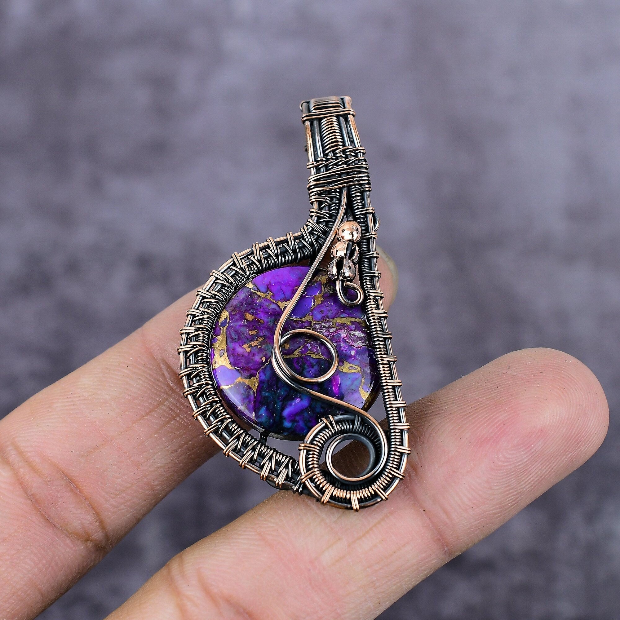 Purple Copper Turquoise Pendant, Copper Wire Wrapped Pendant, Wire Wrap Jewelry, Copper Pendant, Copper Turquoise Jewelry, Bohemian Pendant