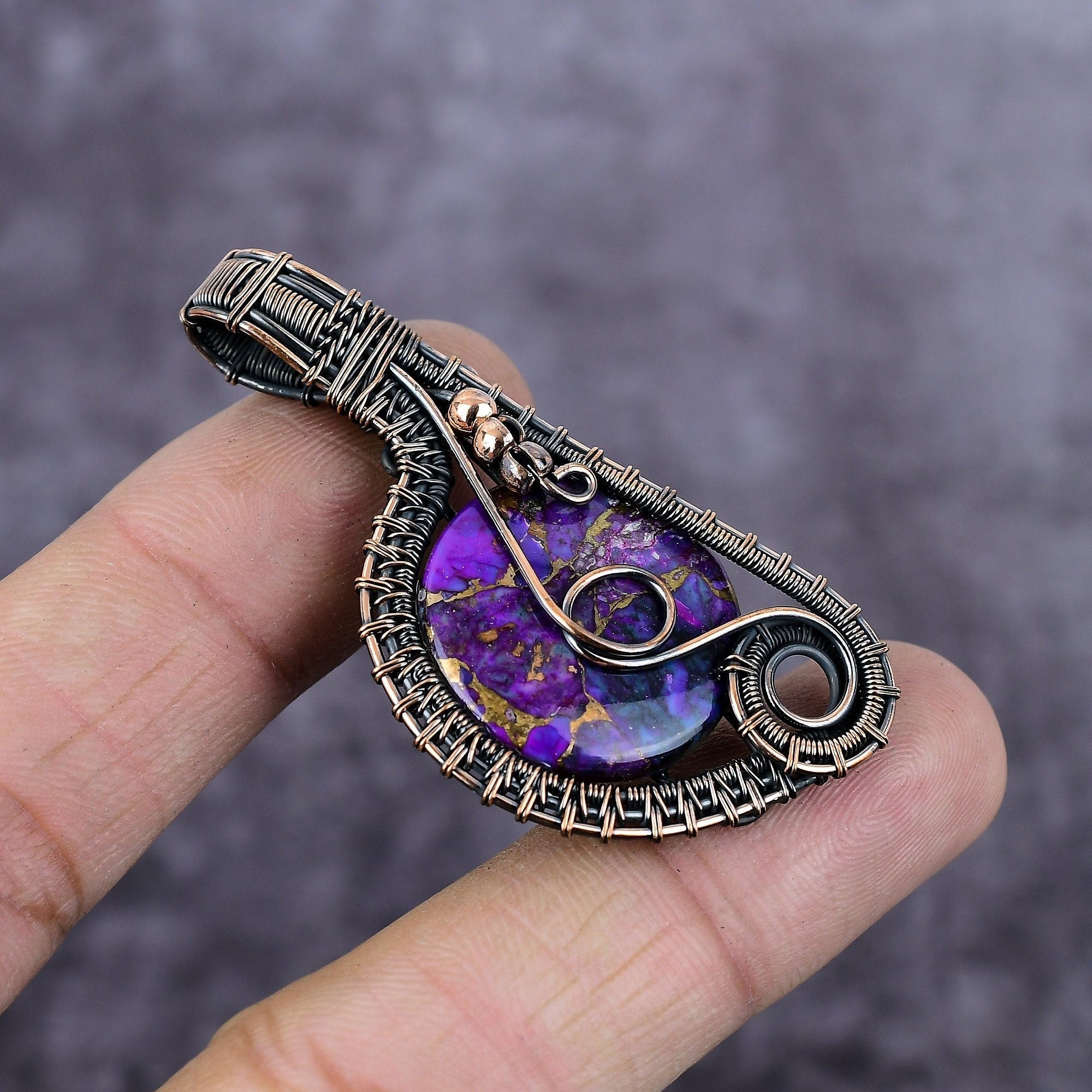 Purple Copper Turquoise Pendant, Copper Wire Wrapped Pendant, Wire Wrap Jewelry, Copper Pendant, Copper Turquoise Jewelry, Bohemian Pendant