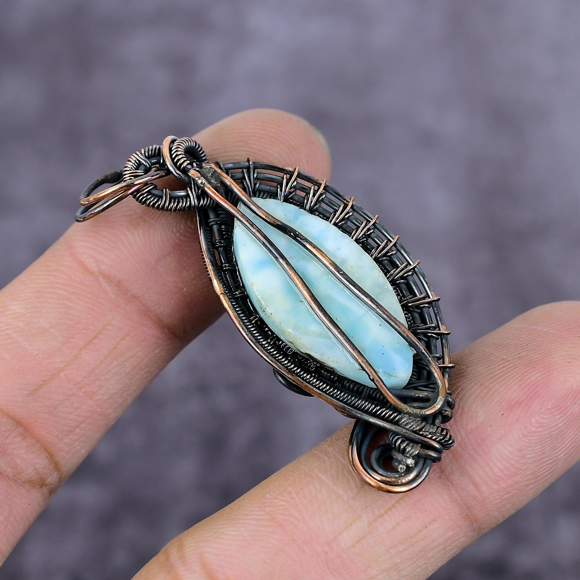 Caribbean Larimar Pendant, Copper Wire Wrapped Pendant, Larimar Jewelry, Handmade Pendant, Copper Wire Jewelry, Boho Jewelry, Gift For Her