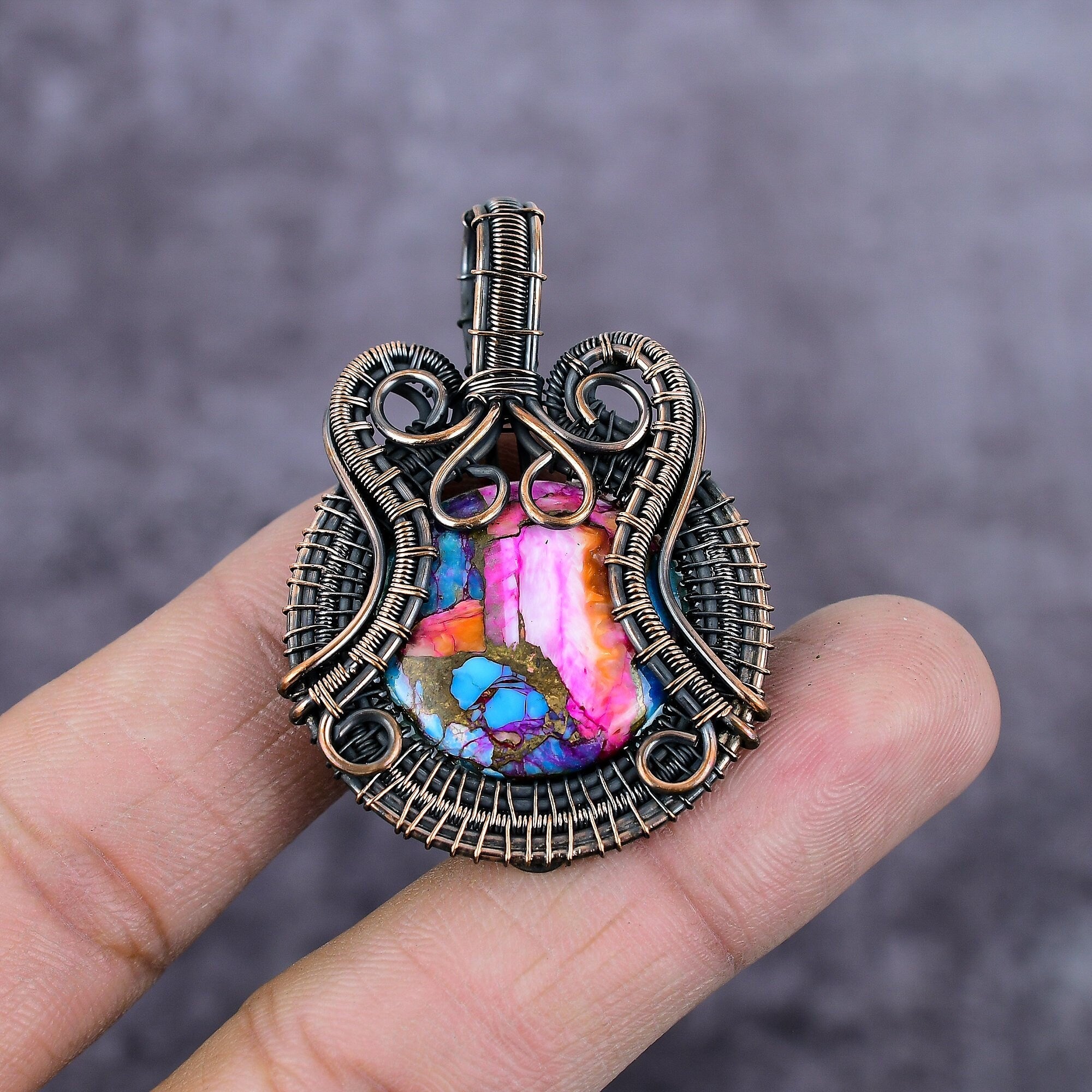 Wire Wrapped Turquoise Pendant, Natural Pink Dahlia Turquoise Jewelry, Copper Wire Wrapped Pendant, Handmade Gemstone Jewelry