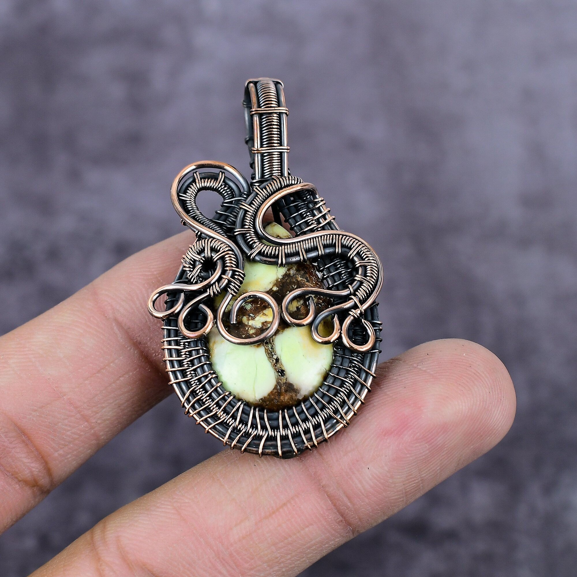 Lemon Chrysoprase Pendant, Copper Wire Wrapped Pendant, Bohemian Pendant, Handmade Copper Pendant, Wire Wrap Gemstone Jewelry, Gift For Her