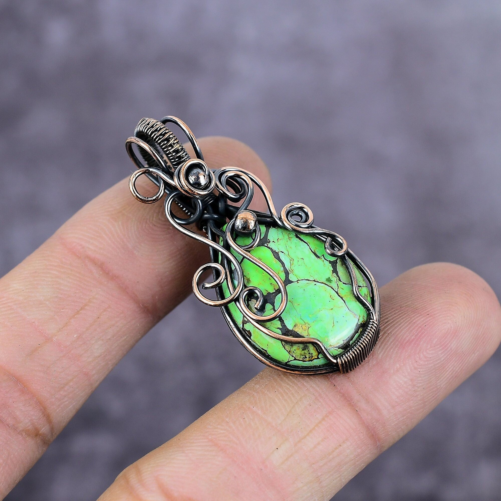 Turquoise Pendant, Natural Green Copper Turquoise Pendant, Copper Wire Wrapped Pendant, Copper Wire Jewelry, Boho Pendant, Anniversary Gift