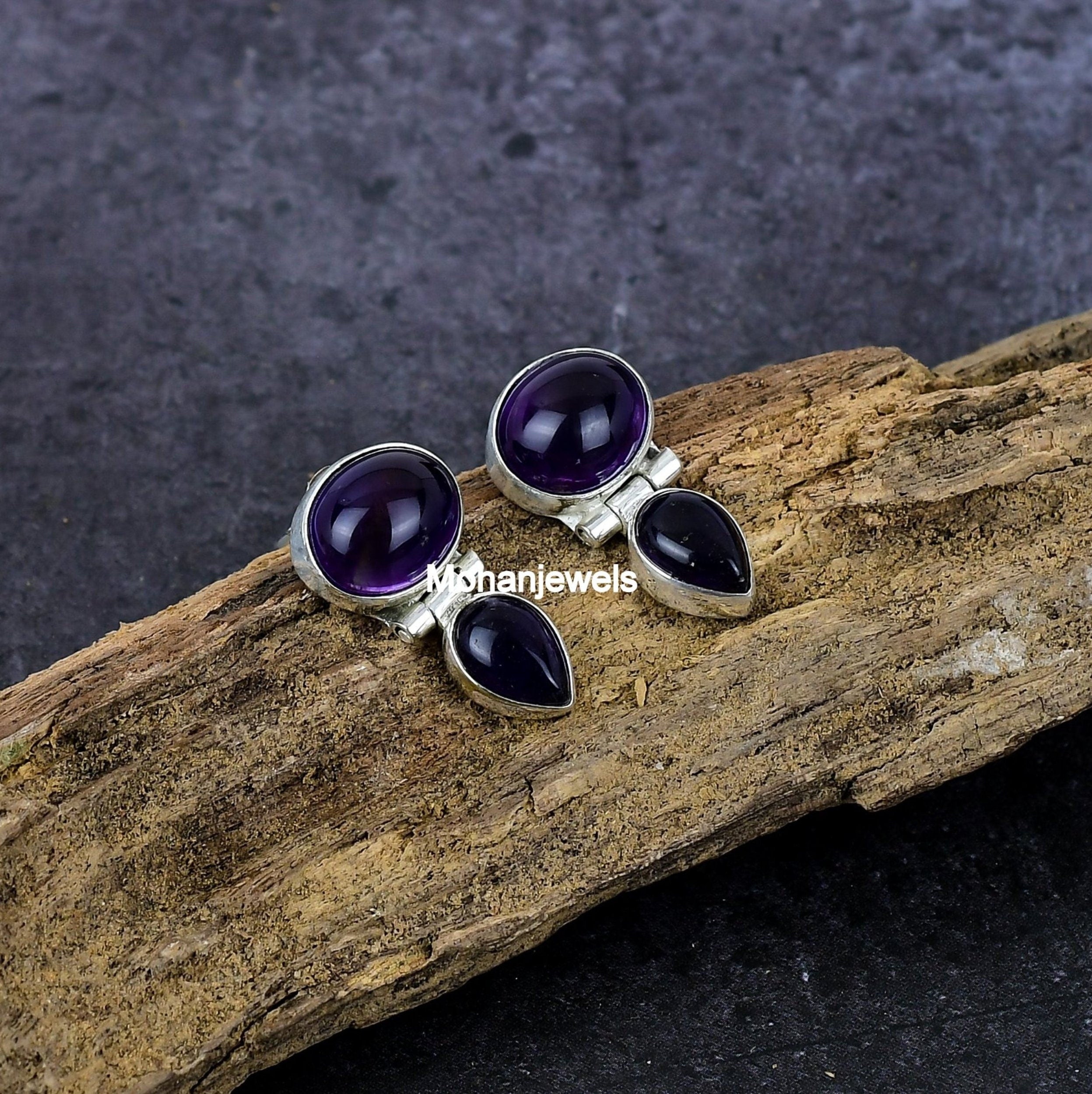 Amethyst Earrings, Natural Amethyst Gemstone Silver Plated Earring, Purple Amethyst Stud Earring, Native Handmade Anniversary Gift for her