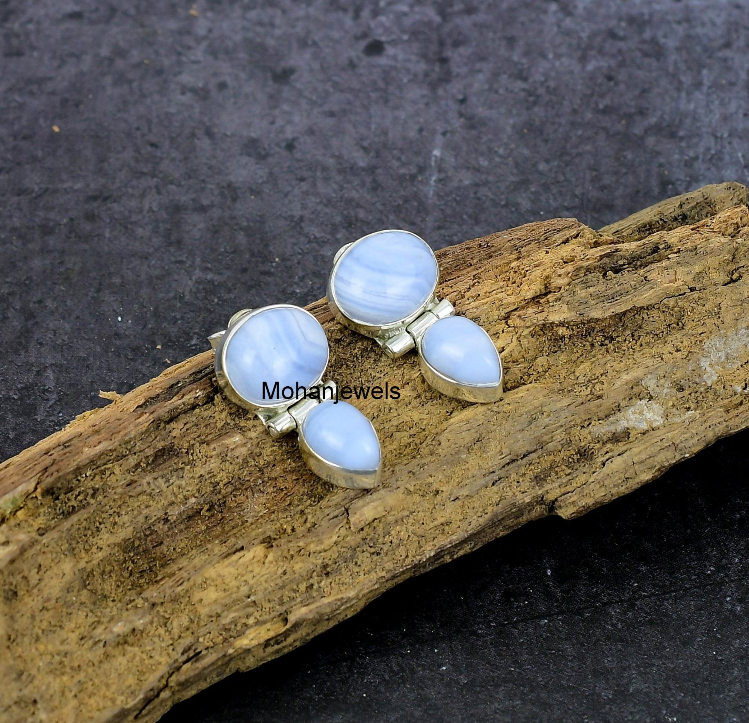 Agate Earrings, Blue Lace Agate Gemstone Silver Earring, Handmade Artisan Stud Earring, Natural Stone Boho Earrings, Gift for her