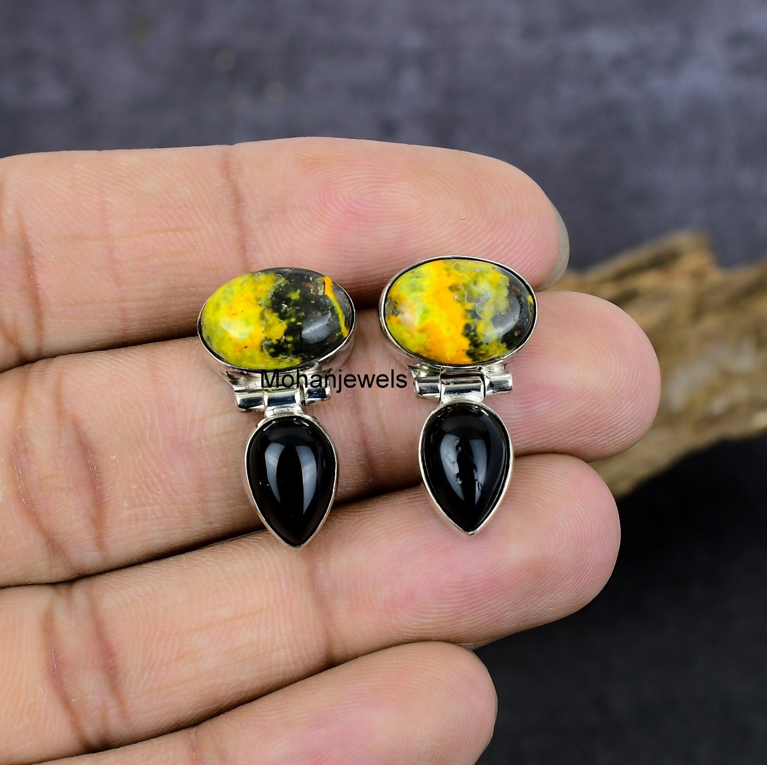 Bumble Bee Jasper Earrings, Bumblebee Jasper Black Onyx Silver Earring, Handmade Stud Earrings, Yellow Jasper Stone, Birthday Gift's For Her