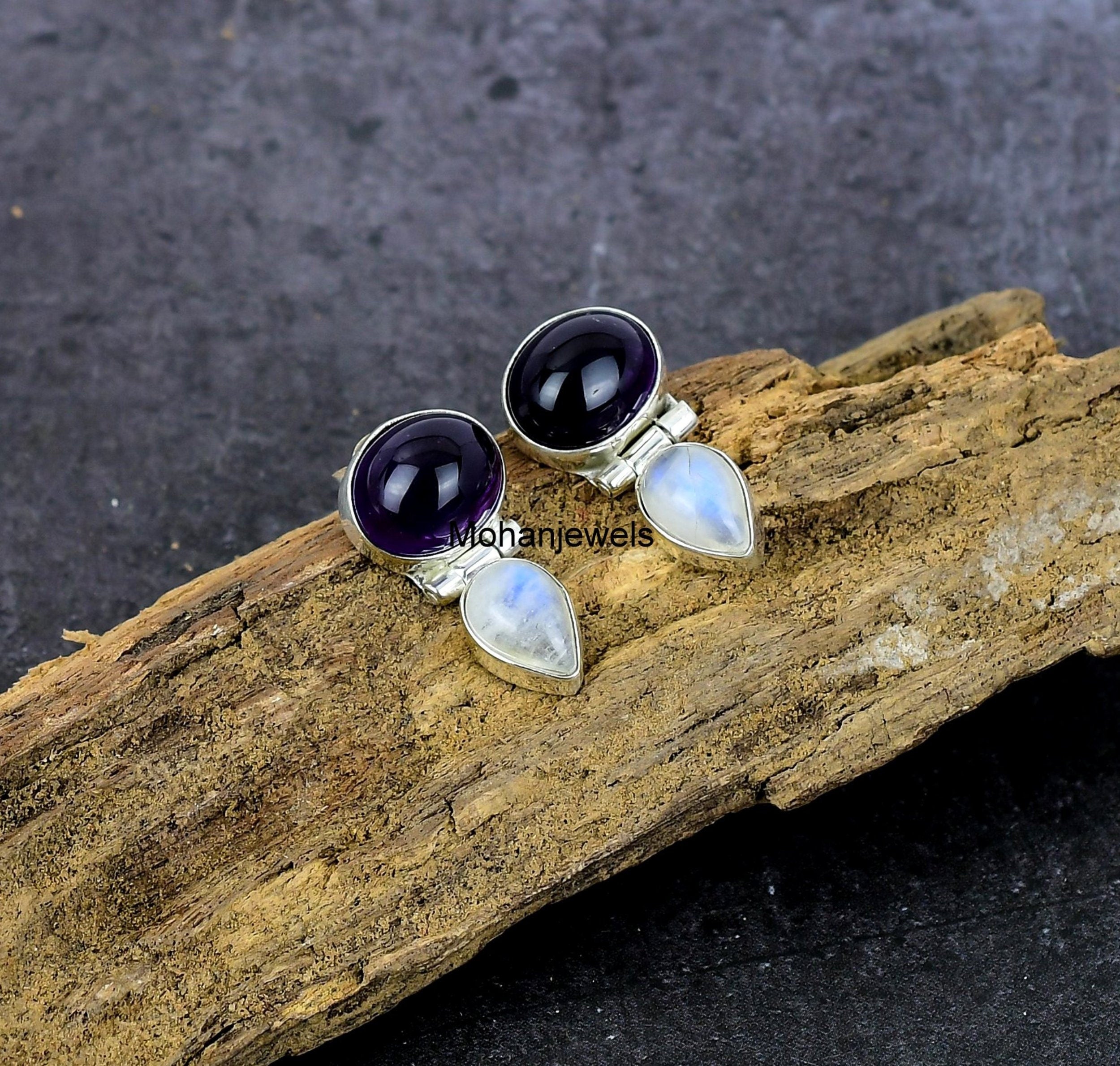 Amethyst Earrings, Natural Amethyst Rainbow Moonstone Silver Earring,Multi Stone Handmade Stud Earrings, Purple Amethyst Stone, Gift For Her