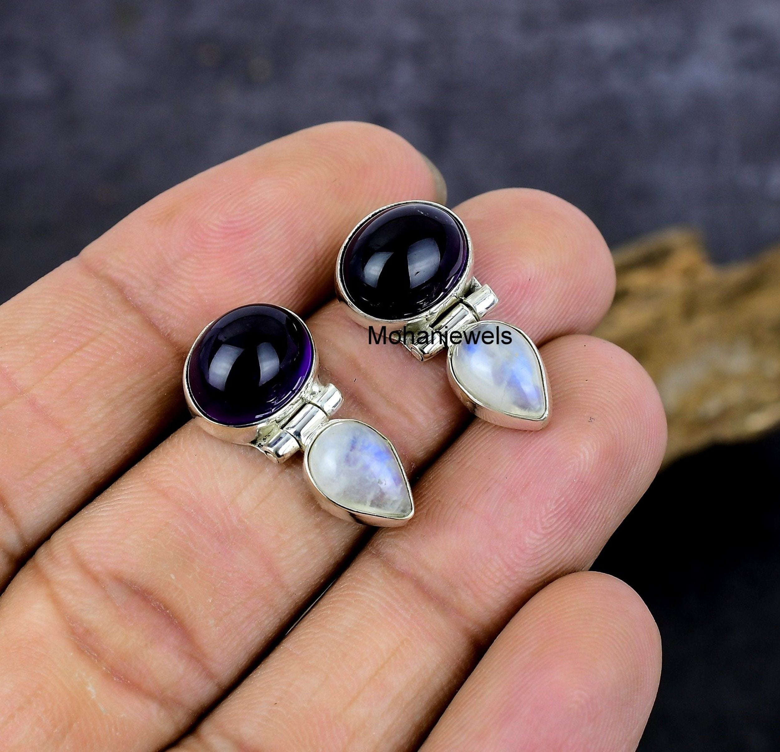 Amethyst Earrings, Natural Amethyst Rainbow Moonstone Silver Earring,Multi Stone Handmade Stud Earrings, Purple Amethyst Stone, Gift For Her