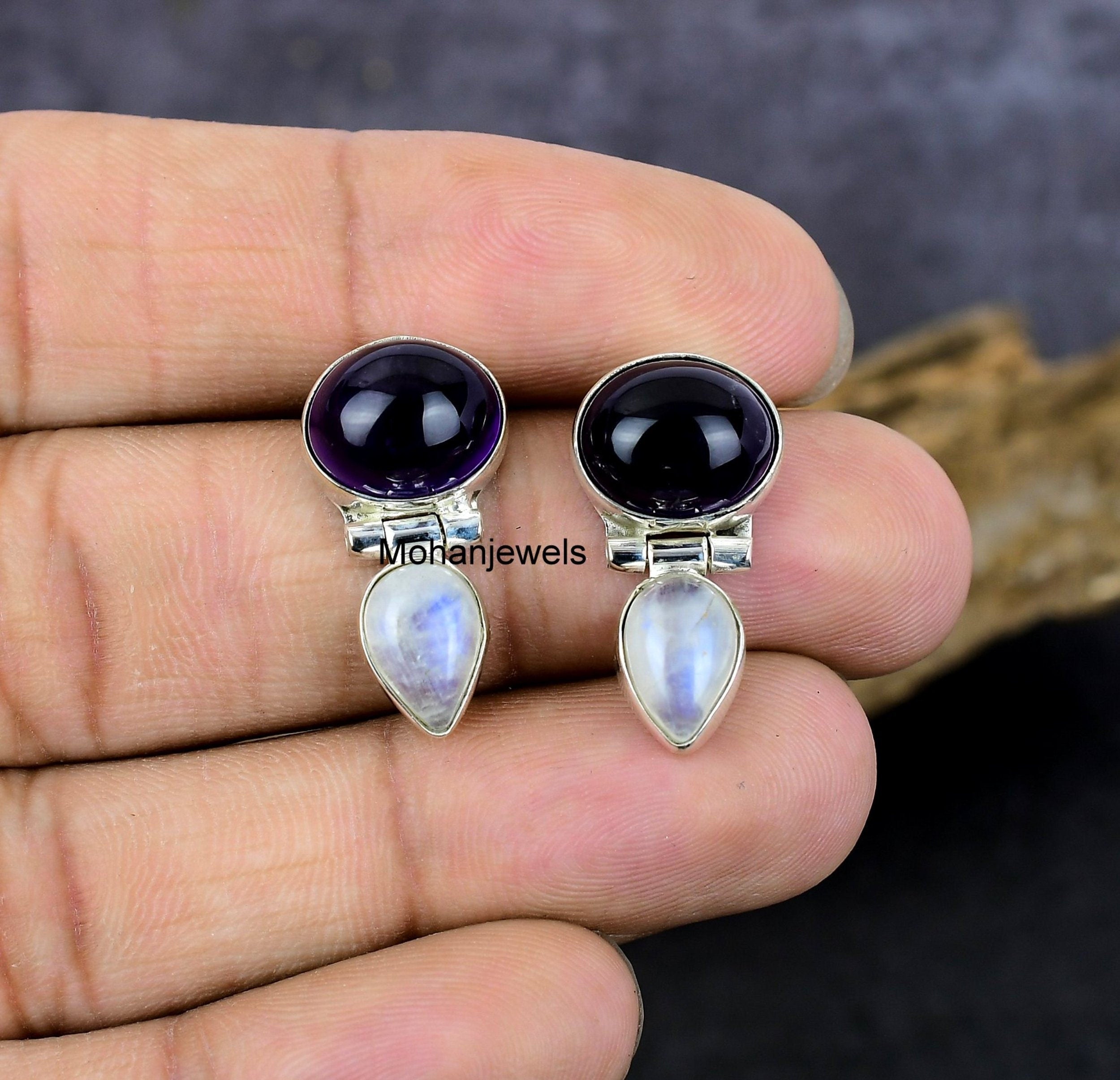 Amethyst Earrings, Natural Amethyst Rainbow Moonstone Silver Earring,Multi Stone Handmade Stud Earrings, Purple Amethyst Stone, Gift For Her