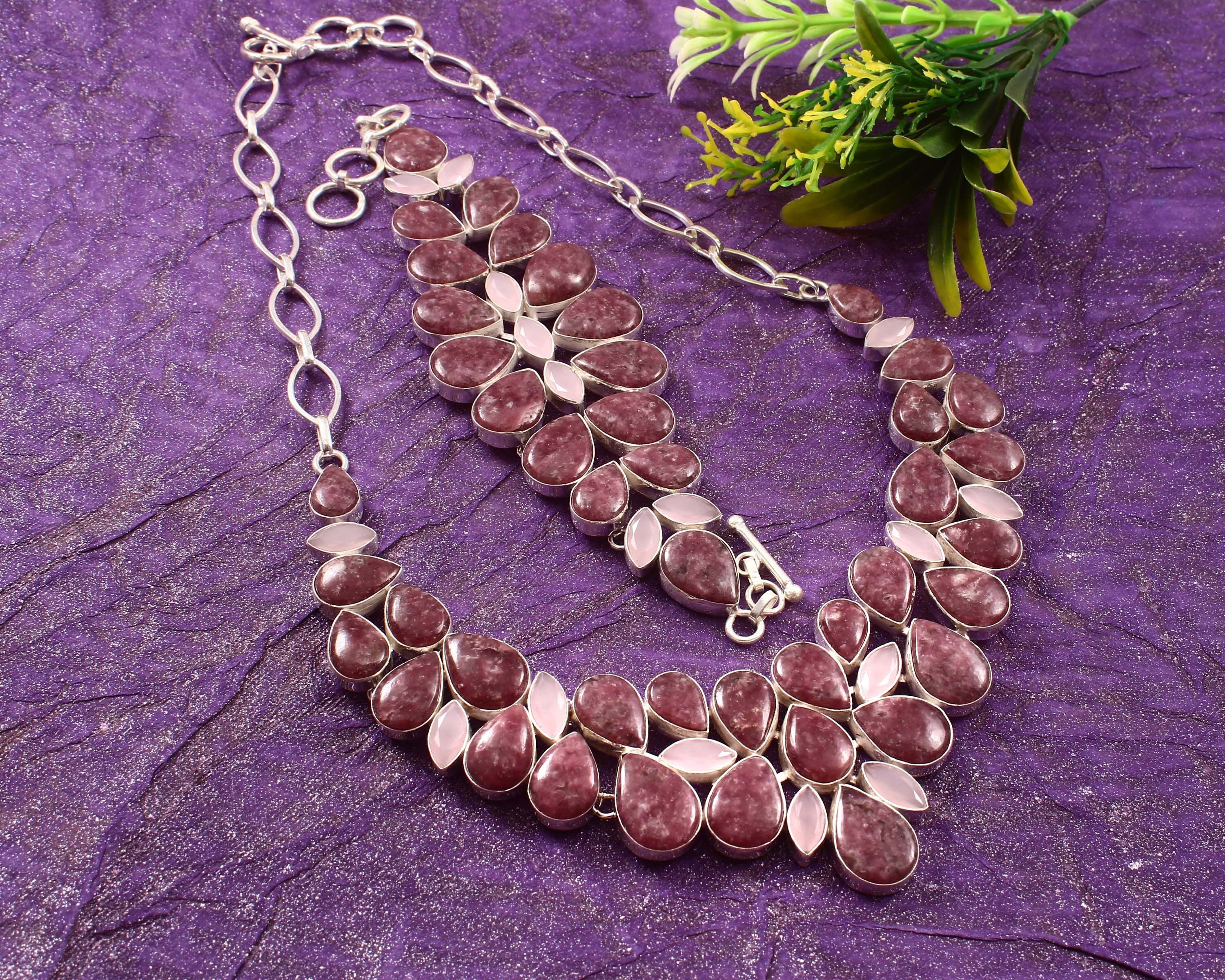 Lepidolite Necklace, Lapidolite Rose Quartz Necklace Bracelet Silver Jewelry, Emotional Healing Crystal, Lavender Stone ,Unique Gift Jewelry