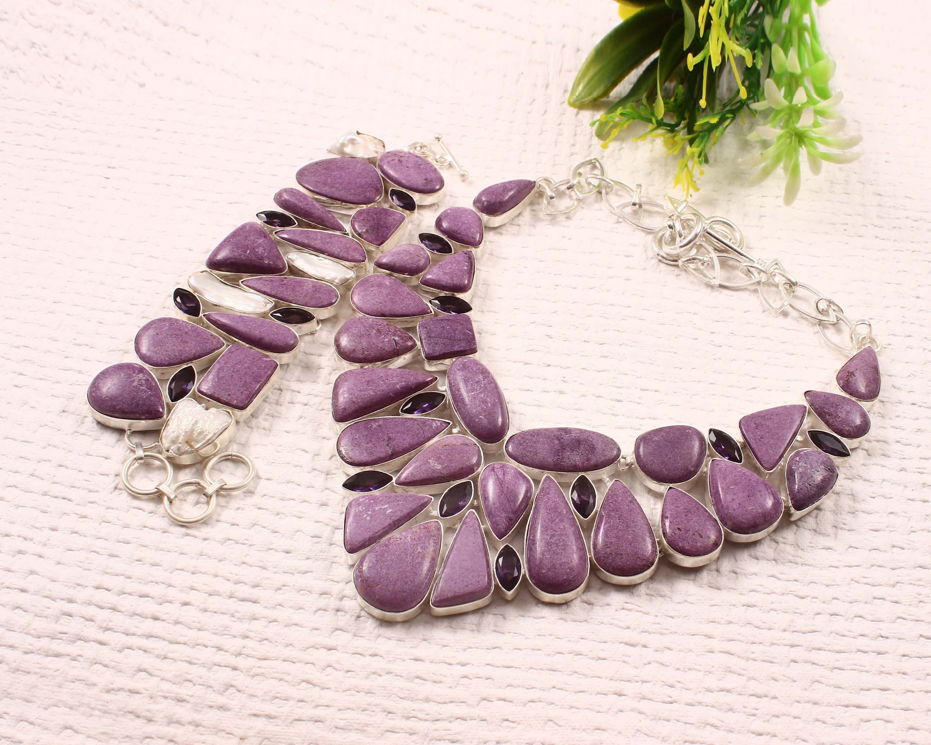 Purpurite Necklace, Natural Purpurite Pearl Amethyst Silver Plated Necklace Bracelet Jewelry, Purple Stone Collection ,Unique Gift Jewelry