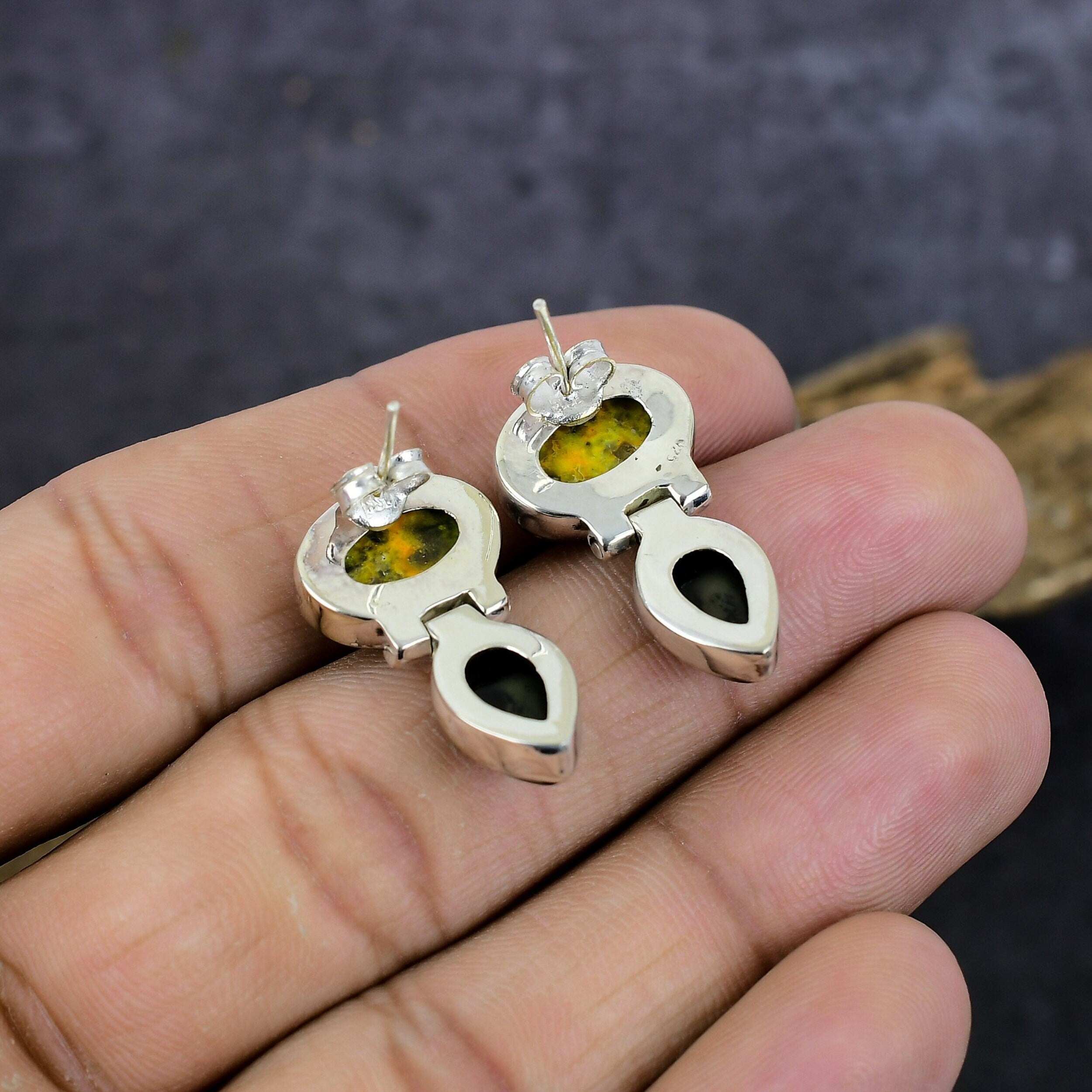 Bumble Bee Jasper Earrings, Bumblebee Jasper Black Onyx Silver Earring, Handmade Stud Earrings, Yellow Jasper Stone, Birthday Gift's For Her