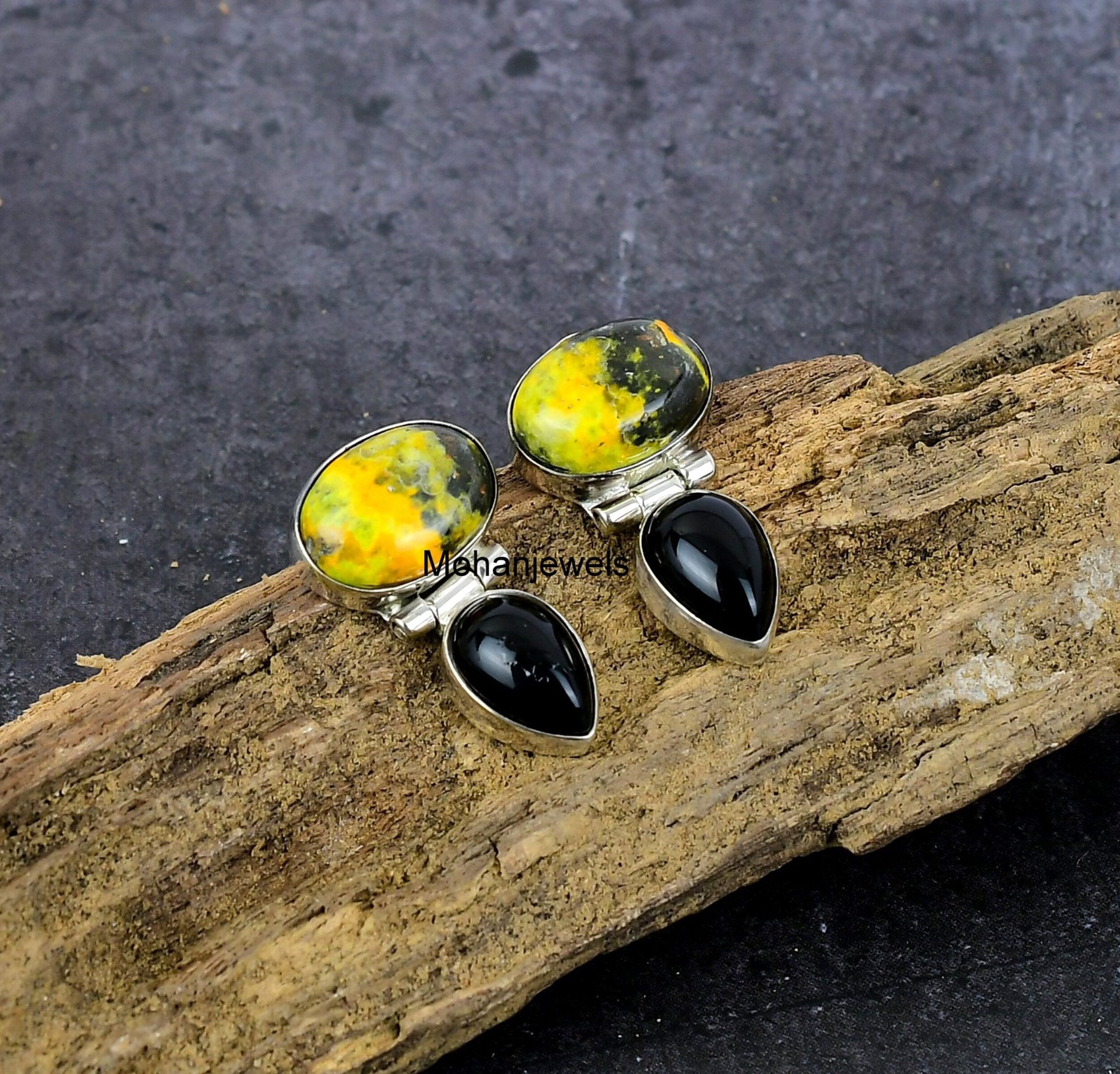 Bumble Bee Jasper Earrings, Bumblebee Jasper Black Onyx Silver Earring, Handmade Stud Earrings, Yellow Jasper Stone, Birthday Gift's For Her