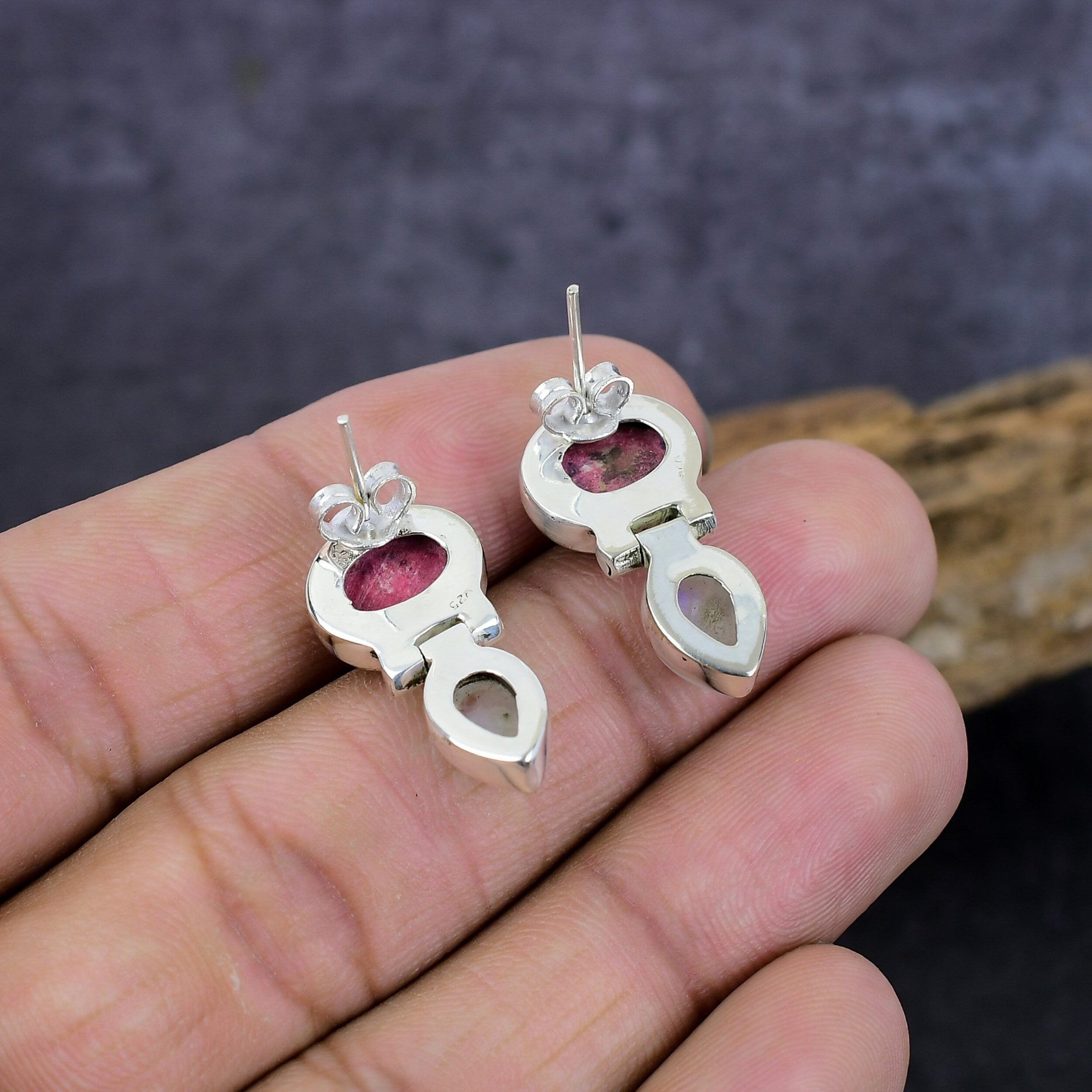 Thulite Earrings, Pink Thulite Rainbow Moonstone Silver Fashion Jewelry Earrings, Handmade Multi Color Stone Stud Earring, Gift For Her