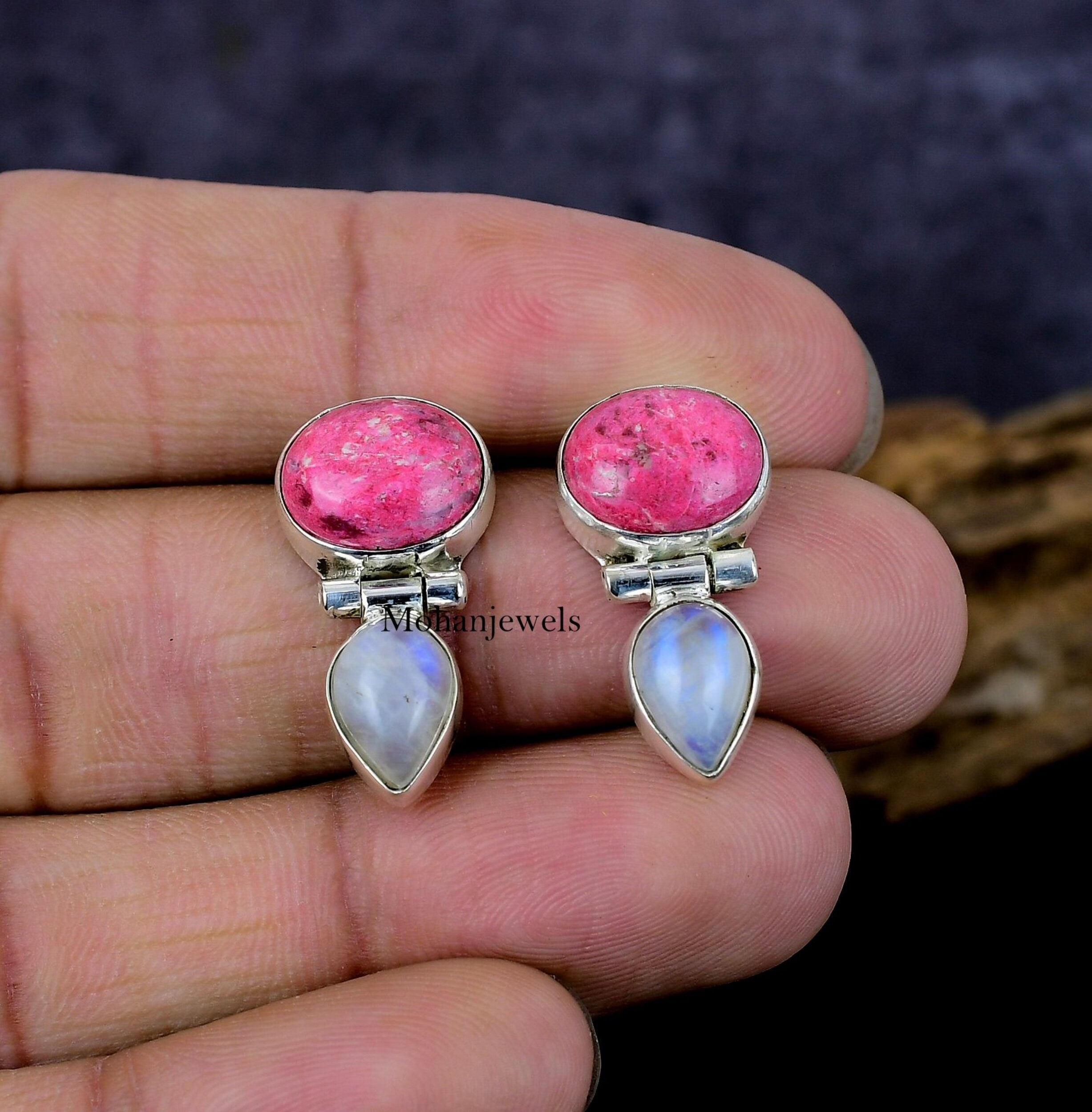 Thulite Earrings, Pink Thulite Rainbow Moonstone Silver Fashion Jewelry Earrings, Handmade Multi Color Stone Stud Earring, Gift For Her