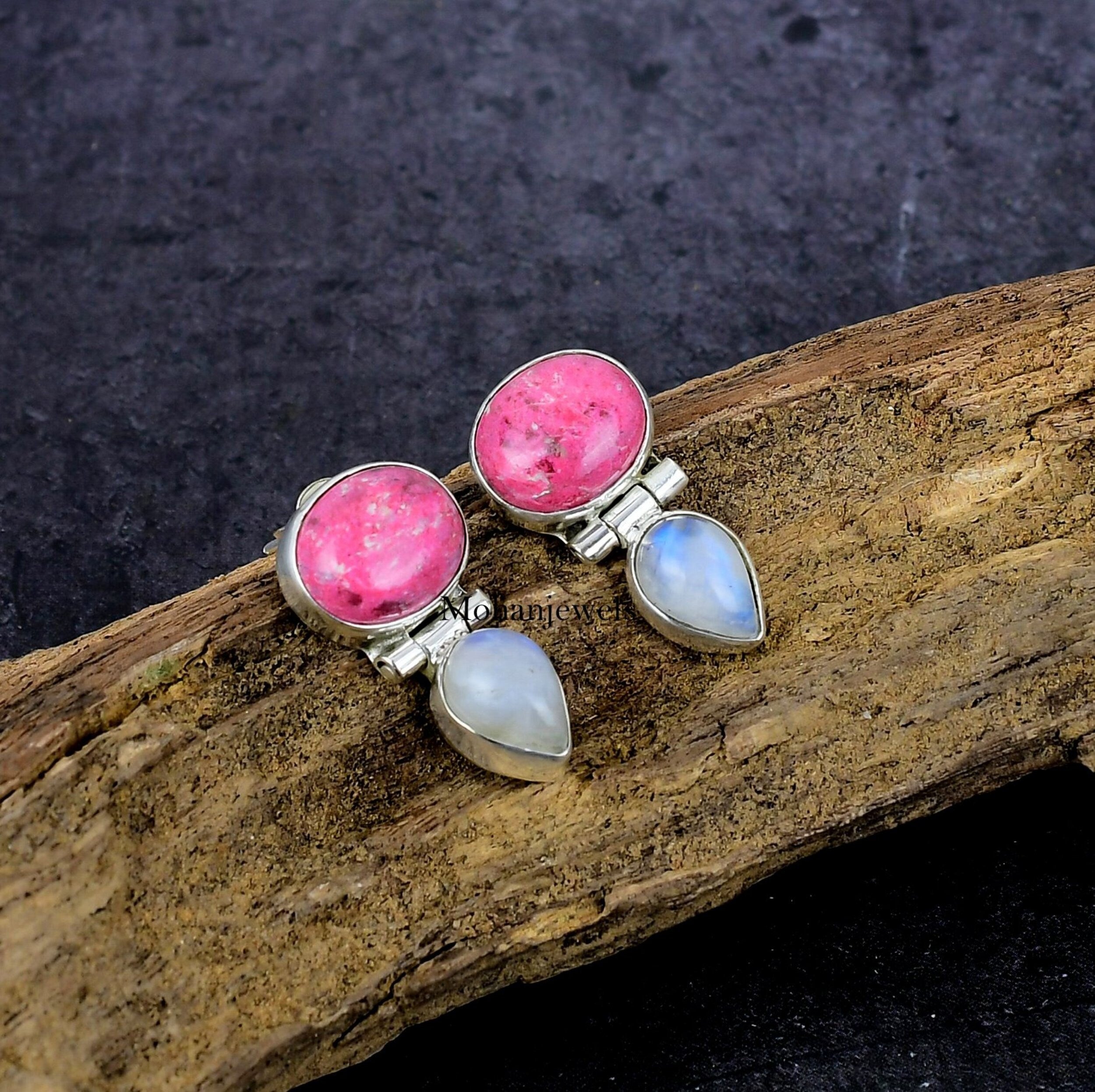 Thulite Earrings, Pink Thulite Rainbow Moonstone Silver Fashion Jewelry Earrings, Handmade Multi Color Stone Stud Earring, Gift For Her