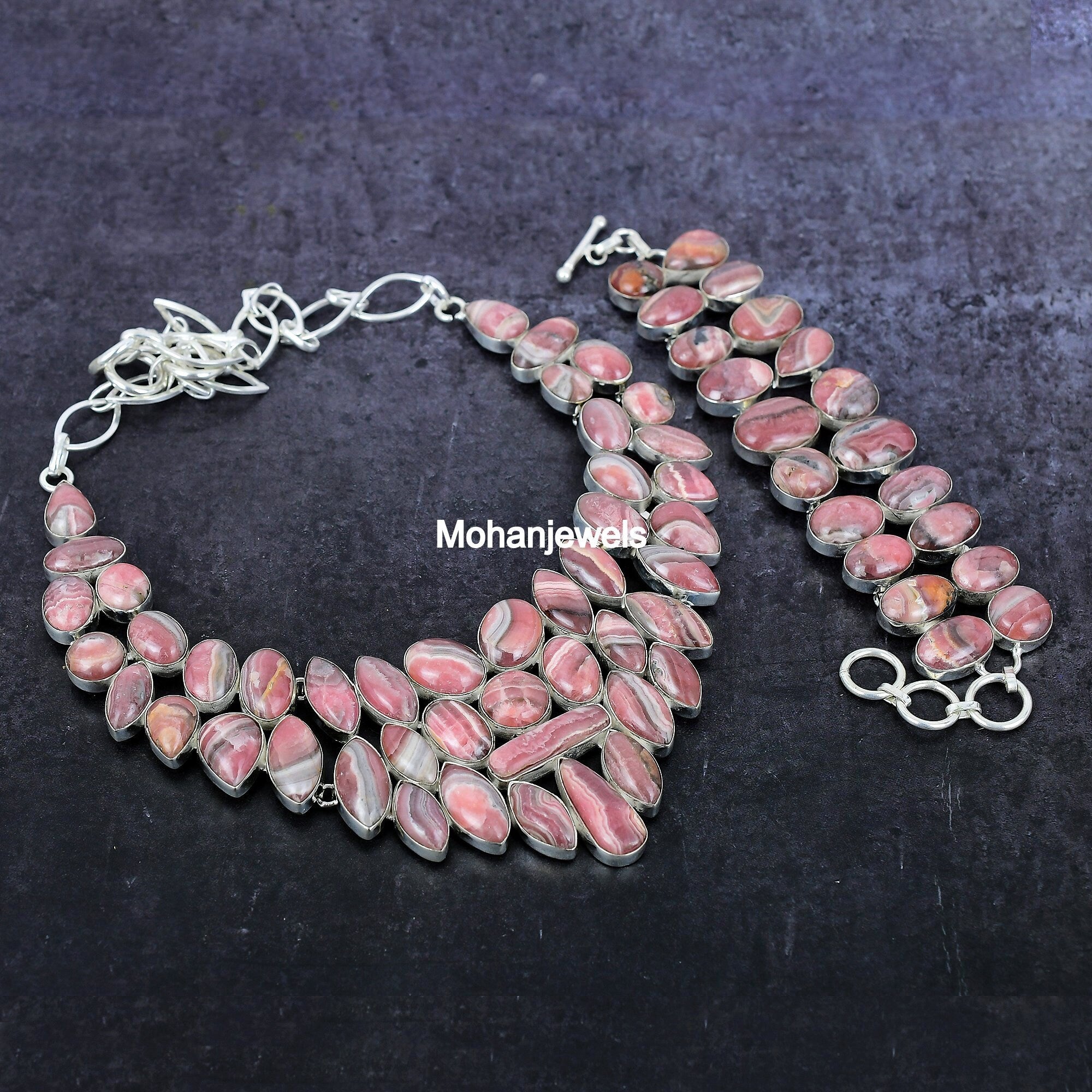 Rhodochrosite Necklace Bracelet Jewelry Set, Silver Bracelet, Natural Pink Rhodochrosite Healing Crystal Bohemian Jewelry, Wedding Gift