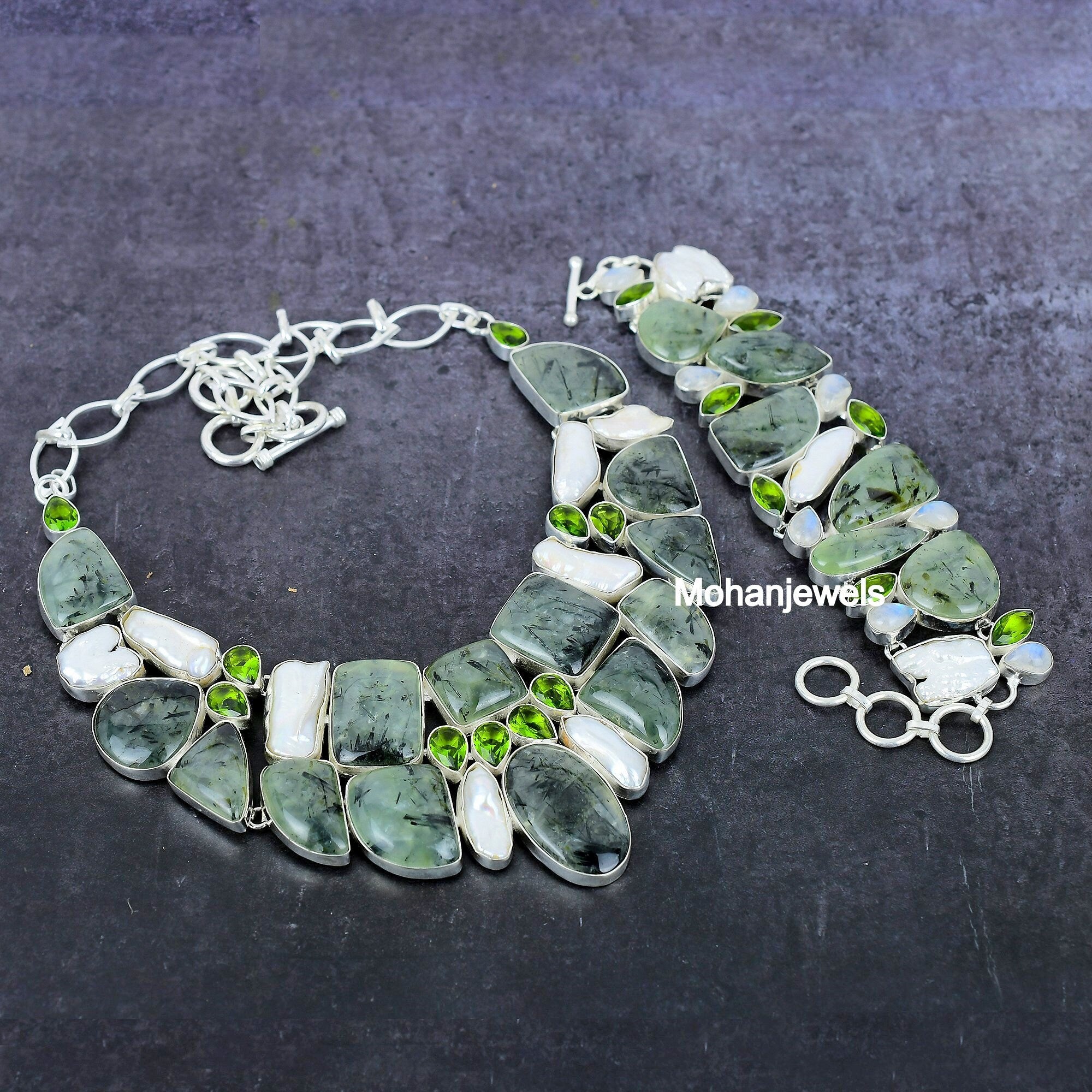 Prehnite Necklace, Prehnite Biwa Pearl Peridot Necklace Bracelet Jewelry, Handmade Multi Stone Necklace, Birthday Gift, Unique Gift Jewelry