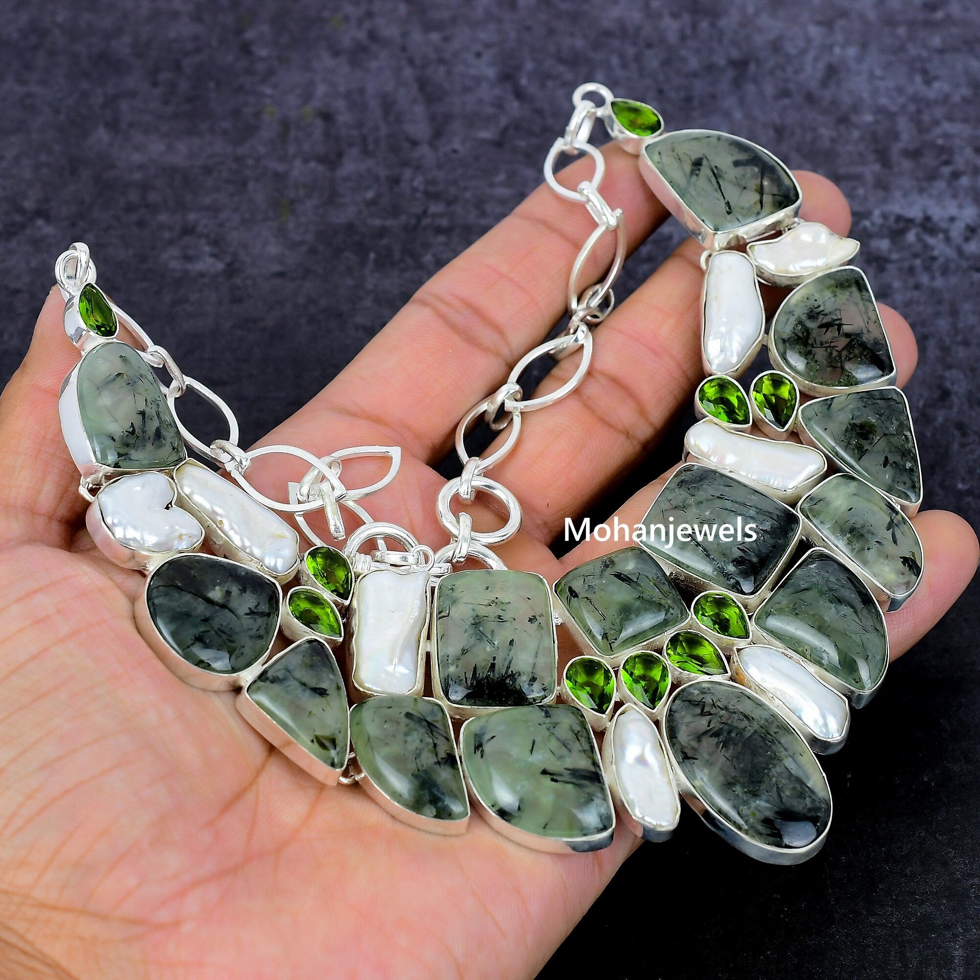 Prehnite Necklace, Prehnite Biwa Pearl Peridot Necklace Bracelet Jewelry, Handmade Multi Stone Necklace, Birthday Gift, Unique Gift Jewelry