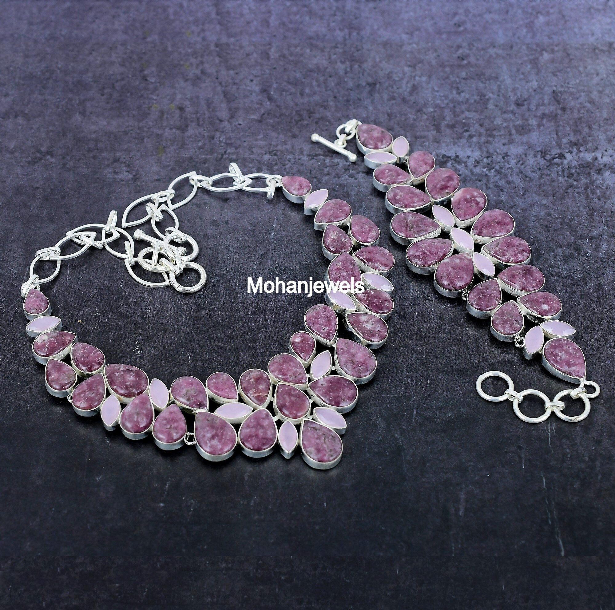 Lepidolite Necklace, Lapidolite Rose Quartz Necklace Bracelet Silver Jewelry, Emotional Healing Crystal, Lavender Stone ,Unique Gift Jewelry