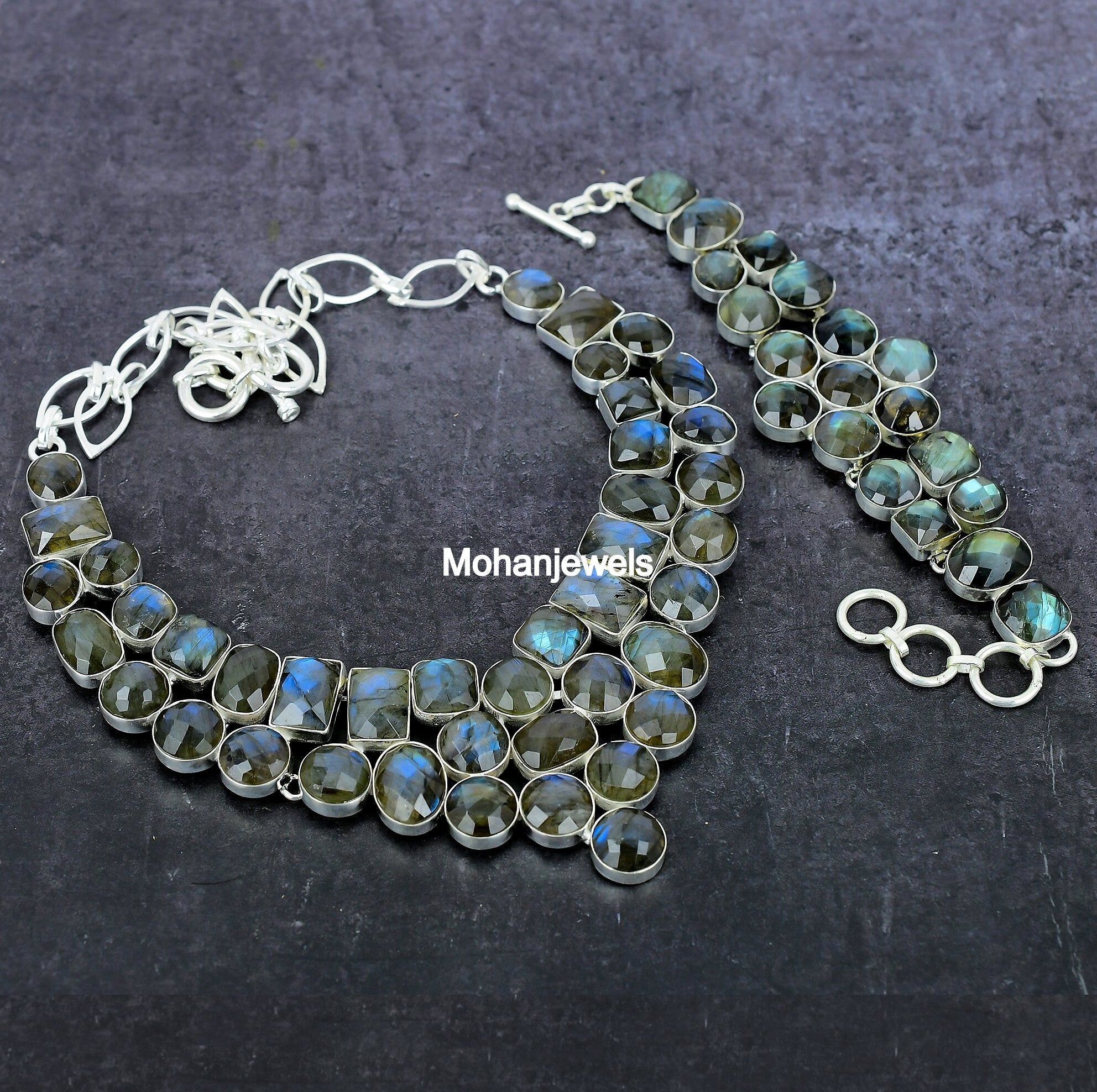 Labradorite Necklace, Faceted Labradorite Silver Necklace Bracelet Set, Blue Flashy Crystal Gemstone, Fashion Wiccan Jewelry, Gift For Her