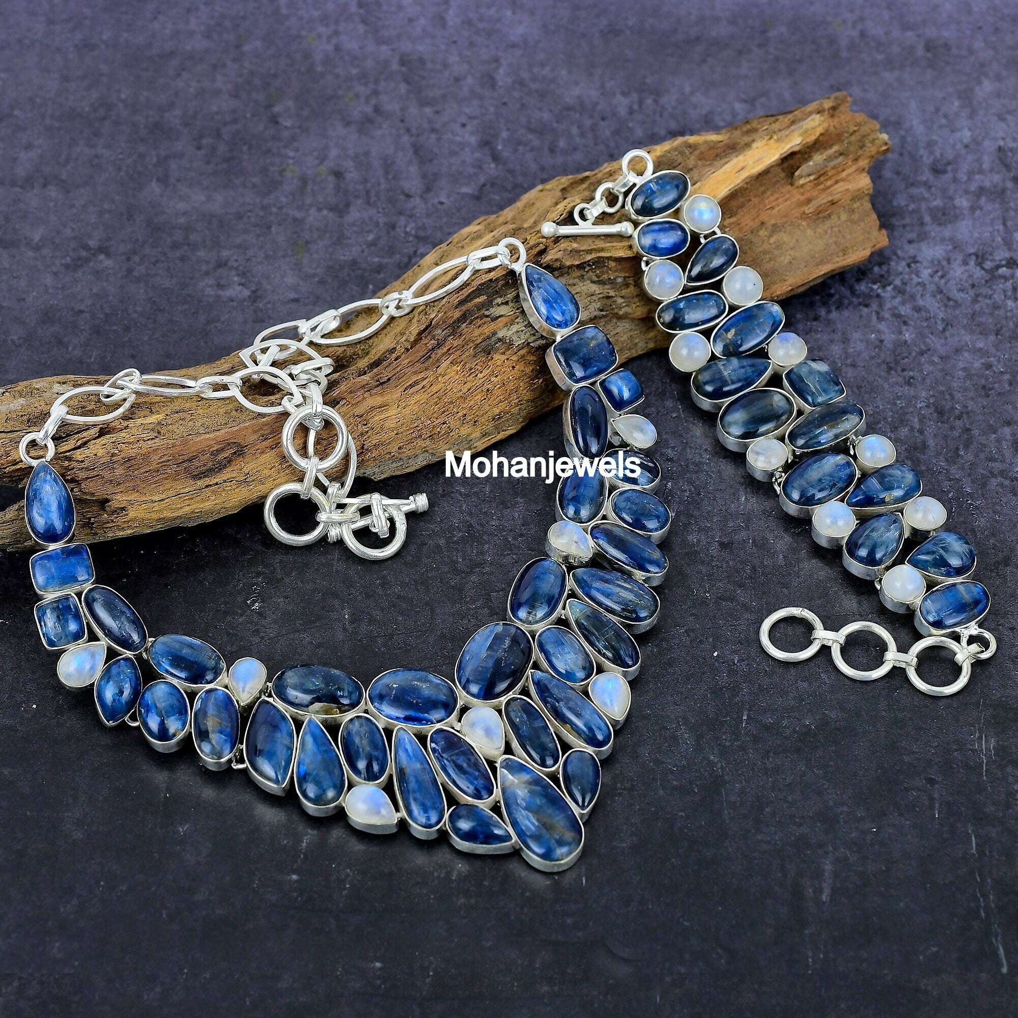 Kyanite Necklace, Natural Blue Kyanite Rainbow Moonstone Necklace Bracelet, Natural Multi Stone Charm Necklace, Unique Birthday Gift Jewelry