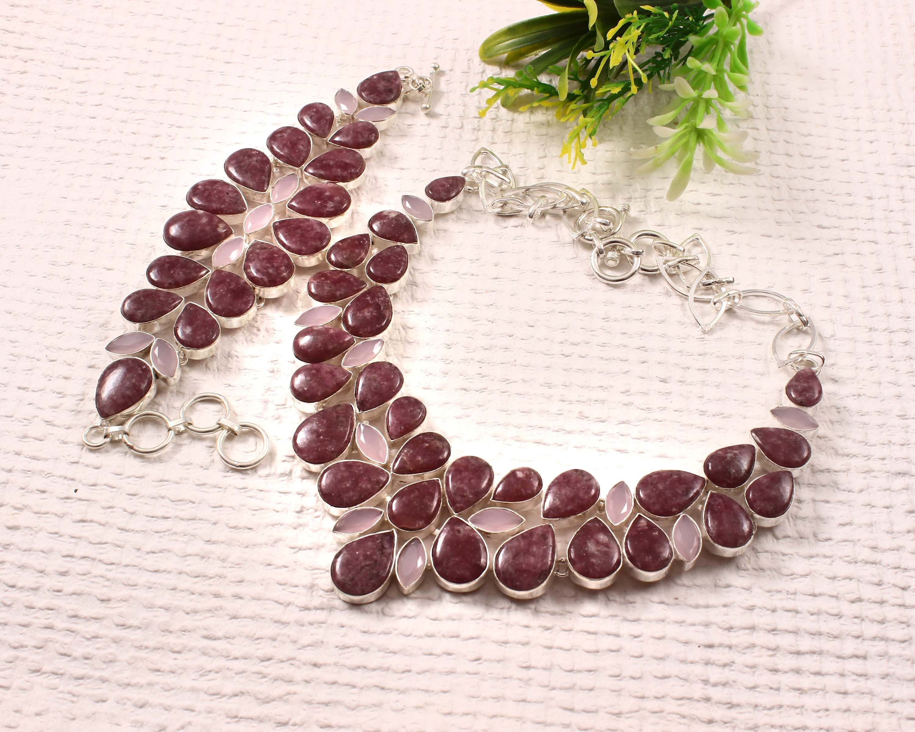 Lepidolite Necklace, Lapidolite Rose Quartz Necklace Bracelet Silver Jewelry, Emotional Healing Crystal, Lavender Stone ,Unique Gift Jewelry