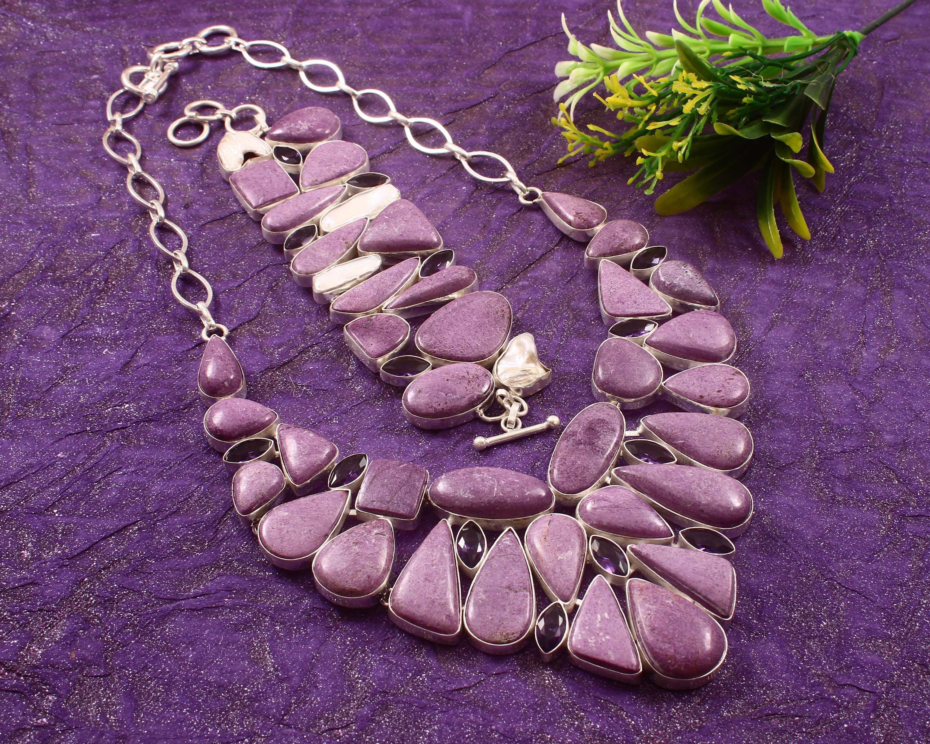 Purpurite Necklace, Natural Purpurite Pearl Amethyst Silver Plated Necklace Bracelet Jewelry, Purple Stone Collection ,Unique Gift Jewelry