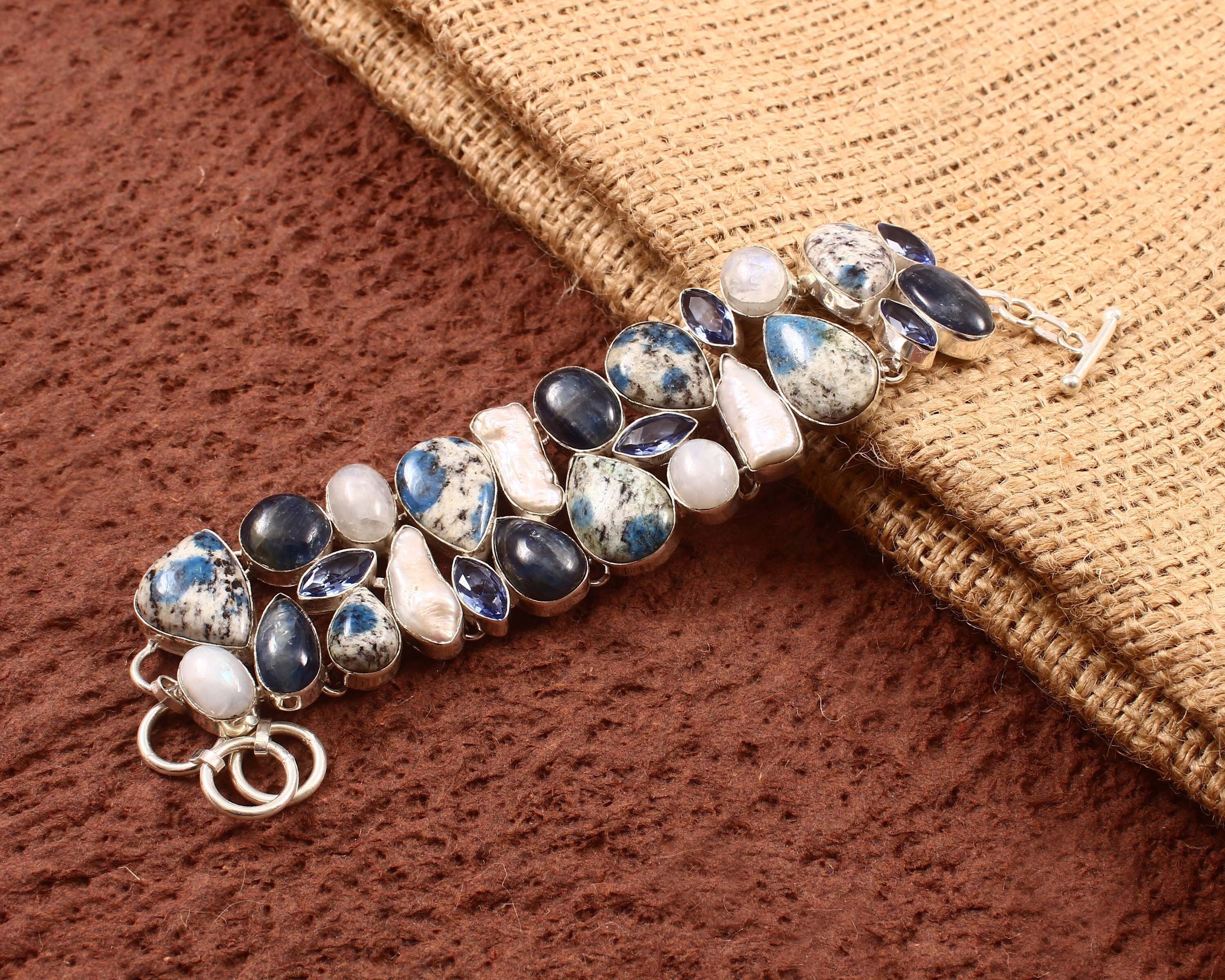 Kyanite Necklace, Blue Kyanite K2 Jasper & Pearl Necklace Bracelet, Multi Stone Handmade Jewelry,  Raindrop Azurite, Unique Designer Jewelry