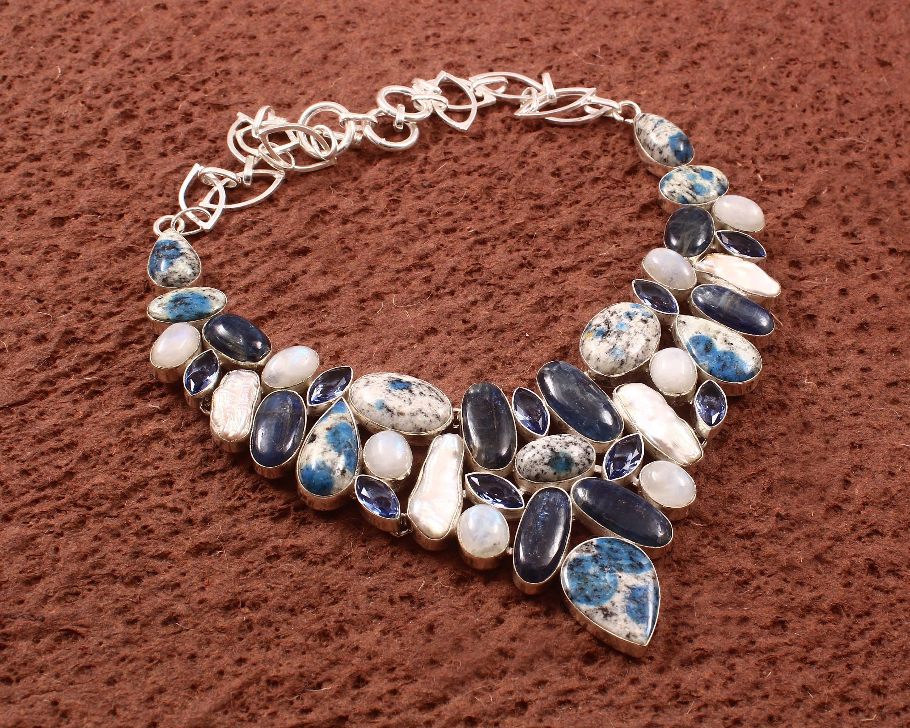 Kyanite Necklace, Blue Kyanite K2 Jasper & Pearl Necklace Bracelet, Multi Stone Handmade Jewelry,  Raindrop Azurite, Unique Designer Jewelry