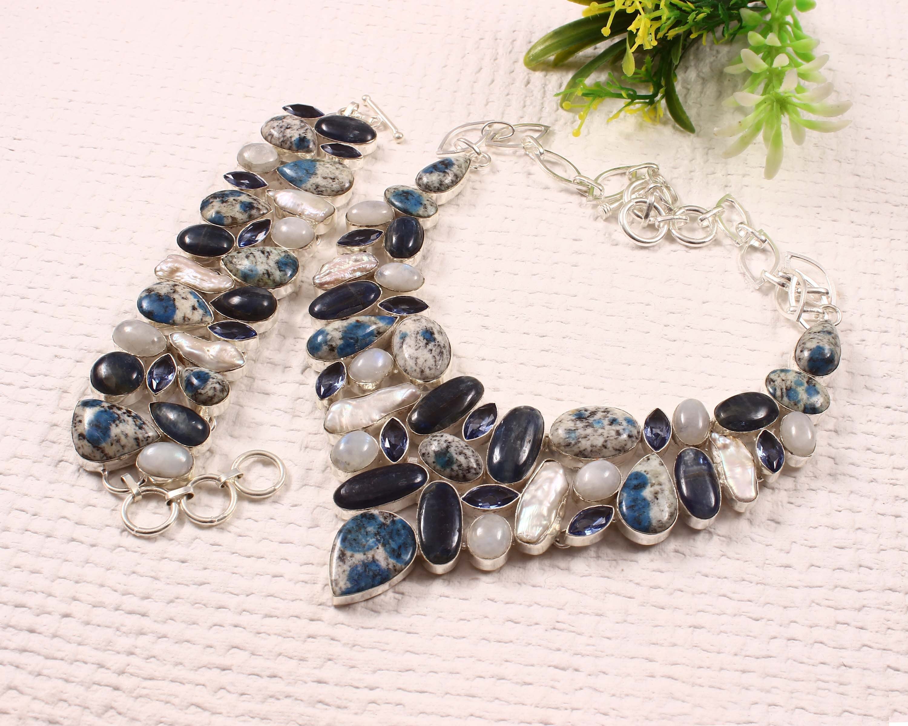 Kyanite Necklace, Blue Kyanite K2 Jasper & Pearl Necklace Bracelet, Multi Stone Handmade Jewelry,  Raindrop Azurite, Unique Designer Jewelry