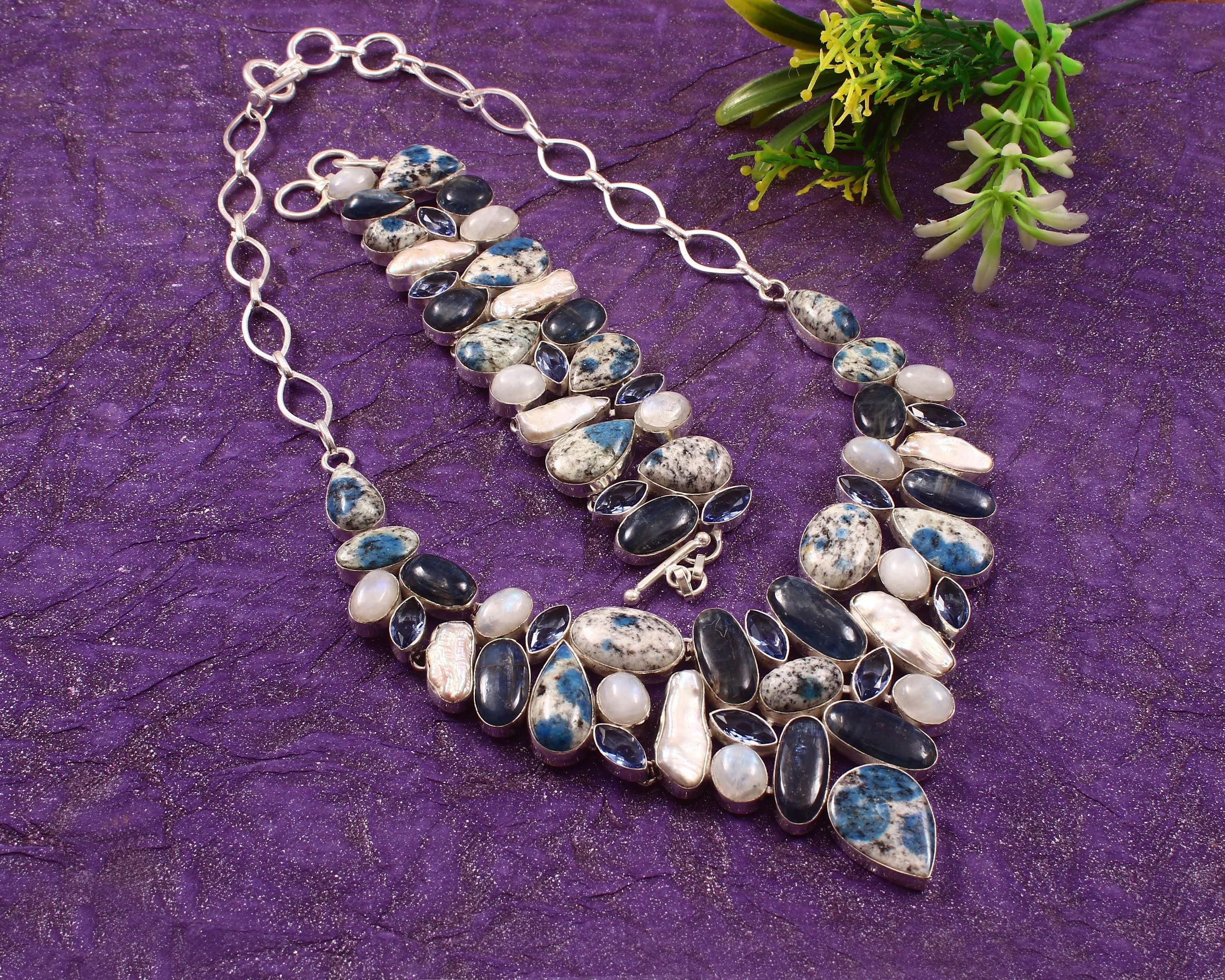 Kyanite Necklace, Blue Kyanite K2 Jasper & Pearl Necklace Bracelet, Multi Stone Handmade Jewelry,  Raindrop Azurite, Unique Designer Jewelry