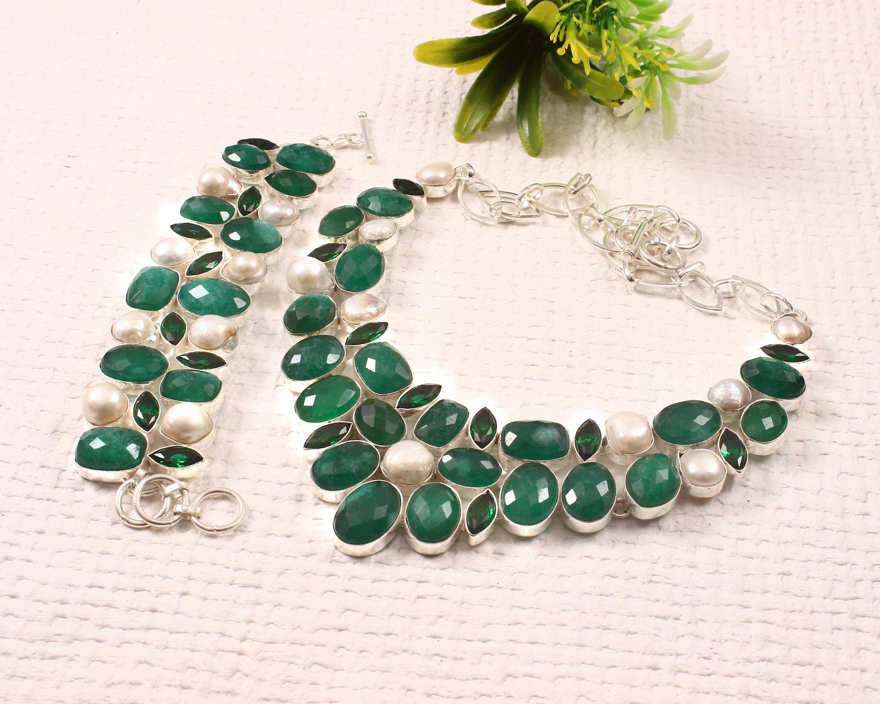 Emerald Jewelry, Emerald Pearl & Diopside Necklace Bracelet Jewelry, Indian Emerald Silver Party Wear Jewelry, Statement Necklace Gift Set