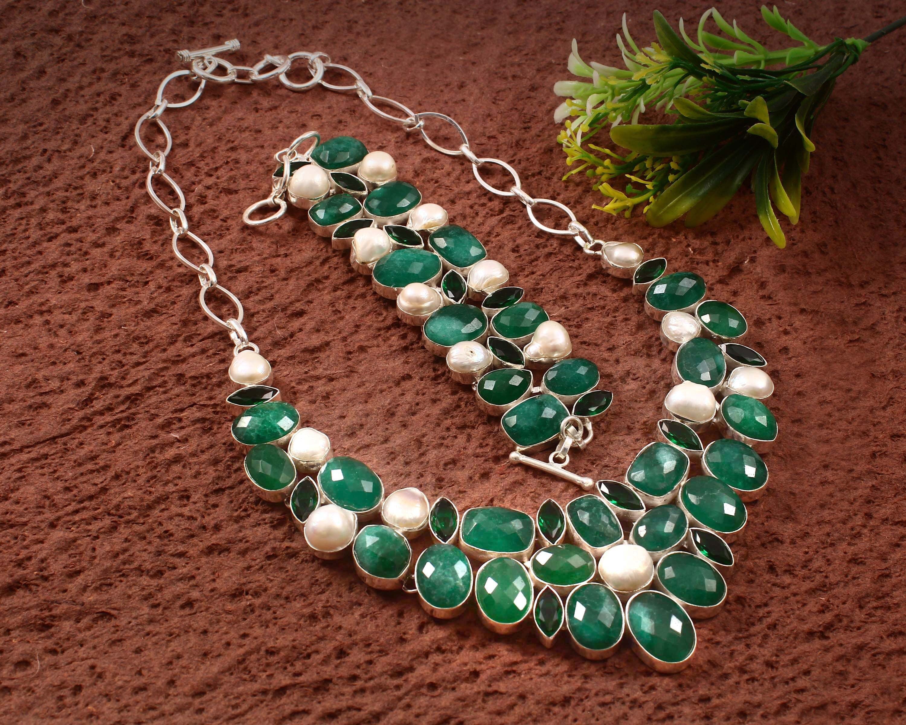 Emerald Jewelry, Emerald Pearl & Diopside Necklace Bracelet Jewelry, Indian Emerald Silver Party Wear Jewelry, Statement Necklace Gift Set