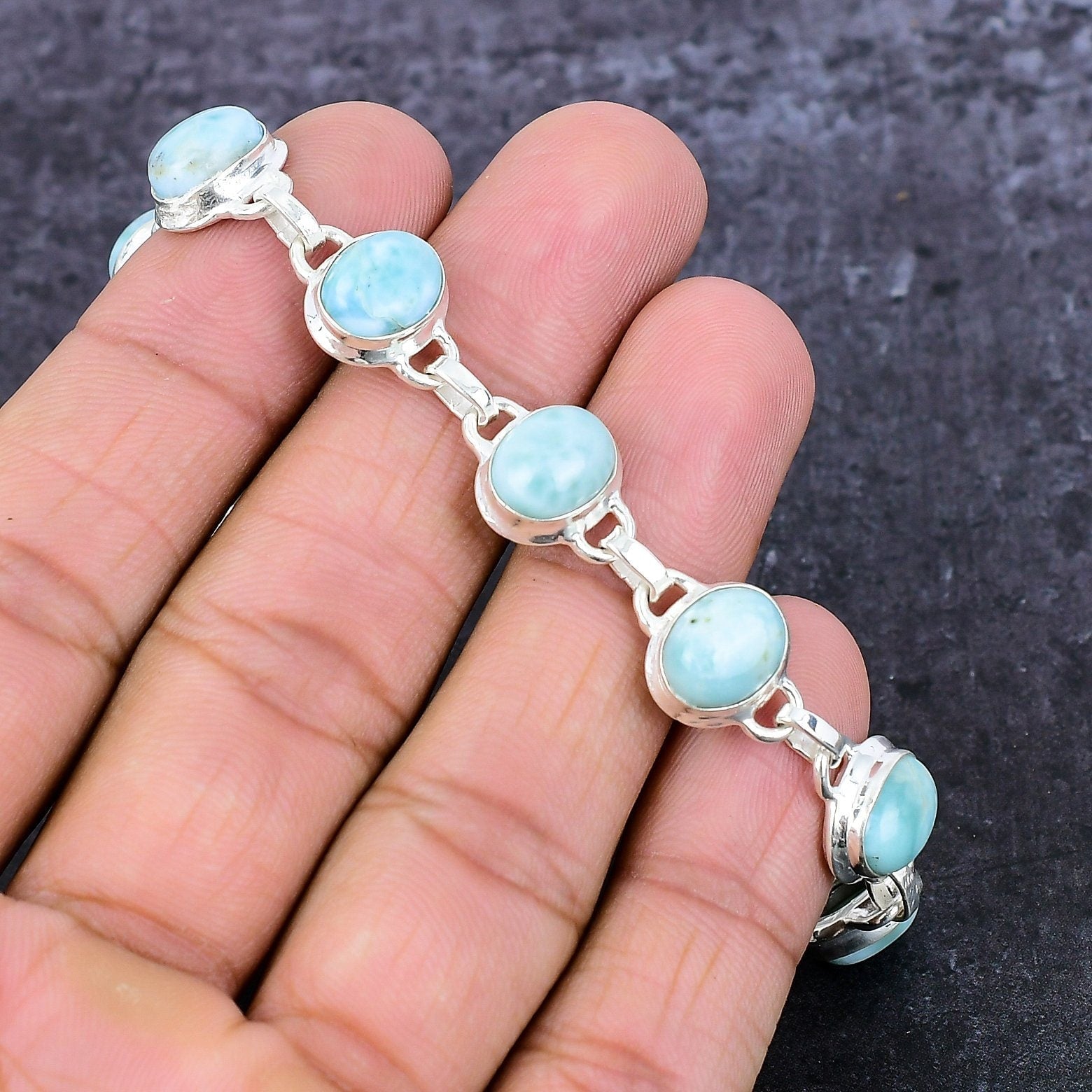 Larimar Bracelet, Natural Dominican Larimar Silver Bracelet, Adjustable Chain Bracelet, Wedding Gift Jewelry, Gift for Mom